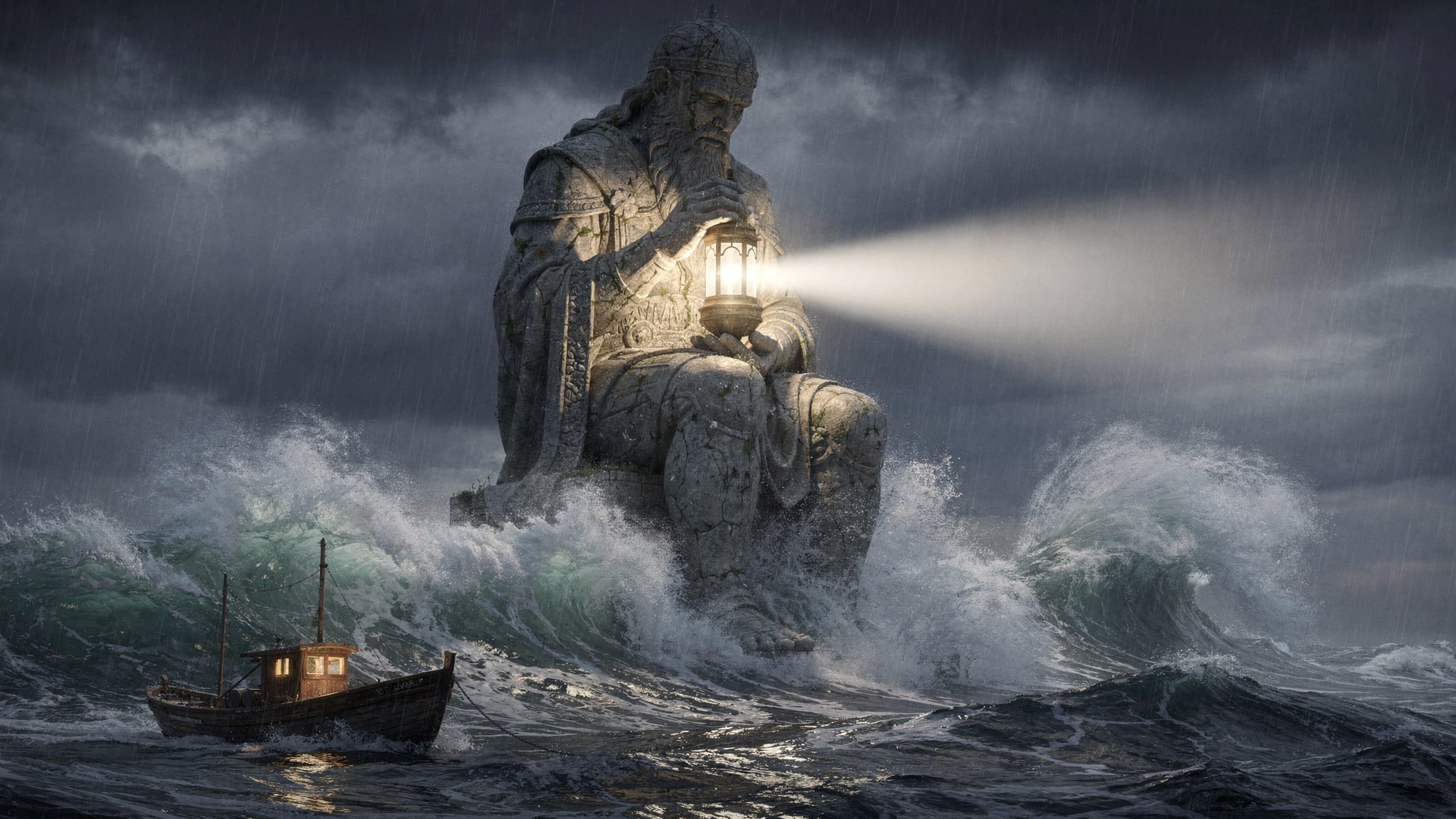 A colossal bearded stone giant seated in a storming sea holds a lantern that throws a white beam across the rain, huge waves breaking against the carved stone, a small fishing boat with a lit cabin in the foreground for scale
