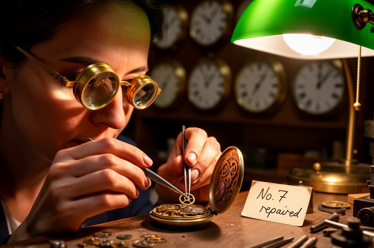 A tight close up of a clockmaker wearing brass double loupe glasses, a pair of tweezers in each hand lowering a tiny gear into an open gold pocket watch, a card reading No. 7 repaired beside a green shaded desk lamp