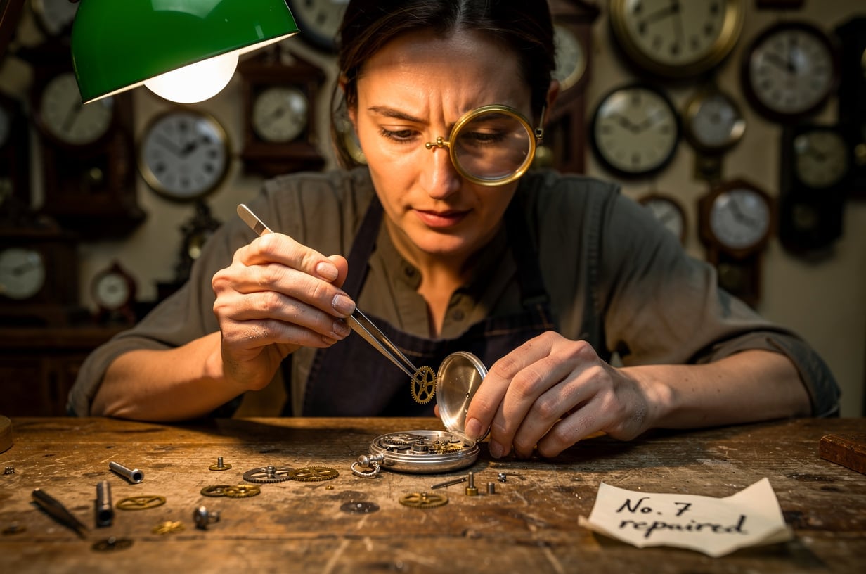 A clockmaker with one brass loupe in her left eye lifts a gear with tweezers from an open pocket watch, spare gears laid out on the bench, a handwritten tag reading No. 7 repaired, green desk lamp and a wall of clocks