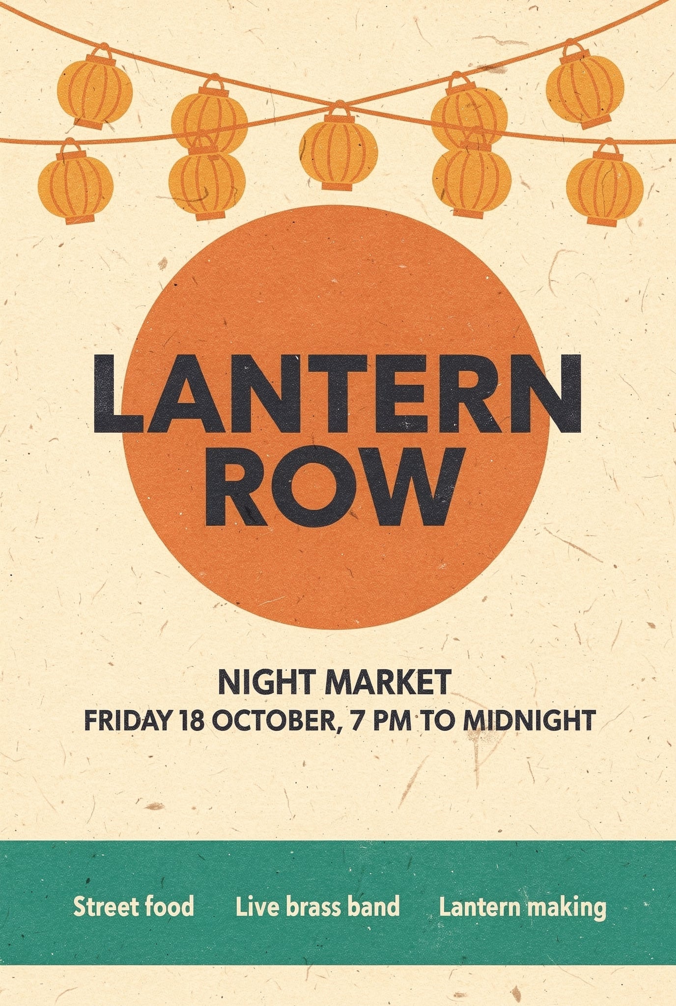 The Lantern Row poster from Flux 2 Pro: two strings of orange paper lanterns, a large orange sun behind a bold charcoal headline, flecked handmade cream paper and a green band with three cream labels