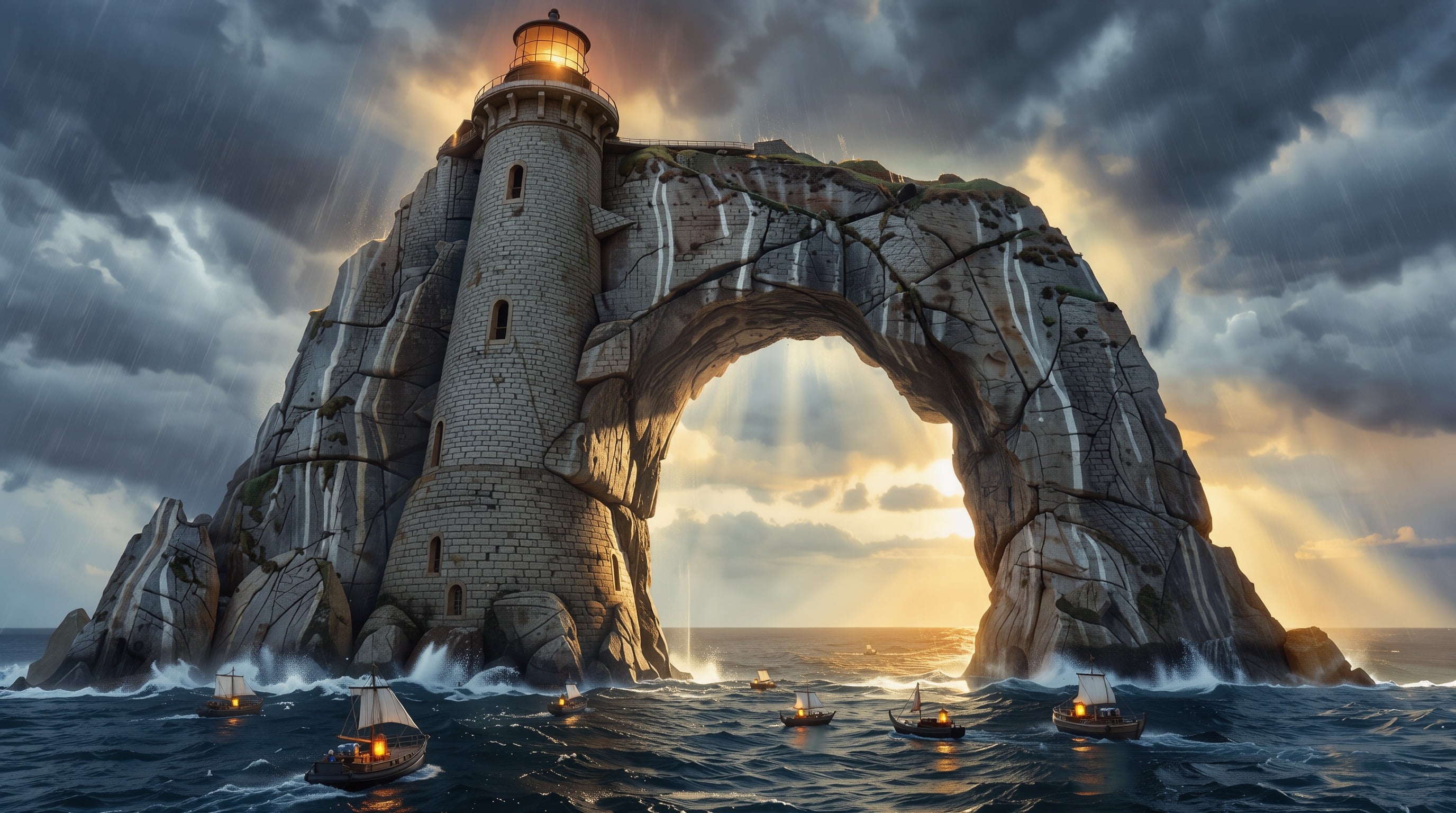 Matte painting of a stone lighthouse built into a giant sea arch, small lantern-lit boats on the water and storm clouds breaking into golden light