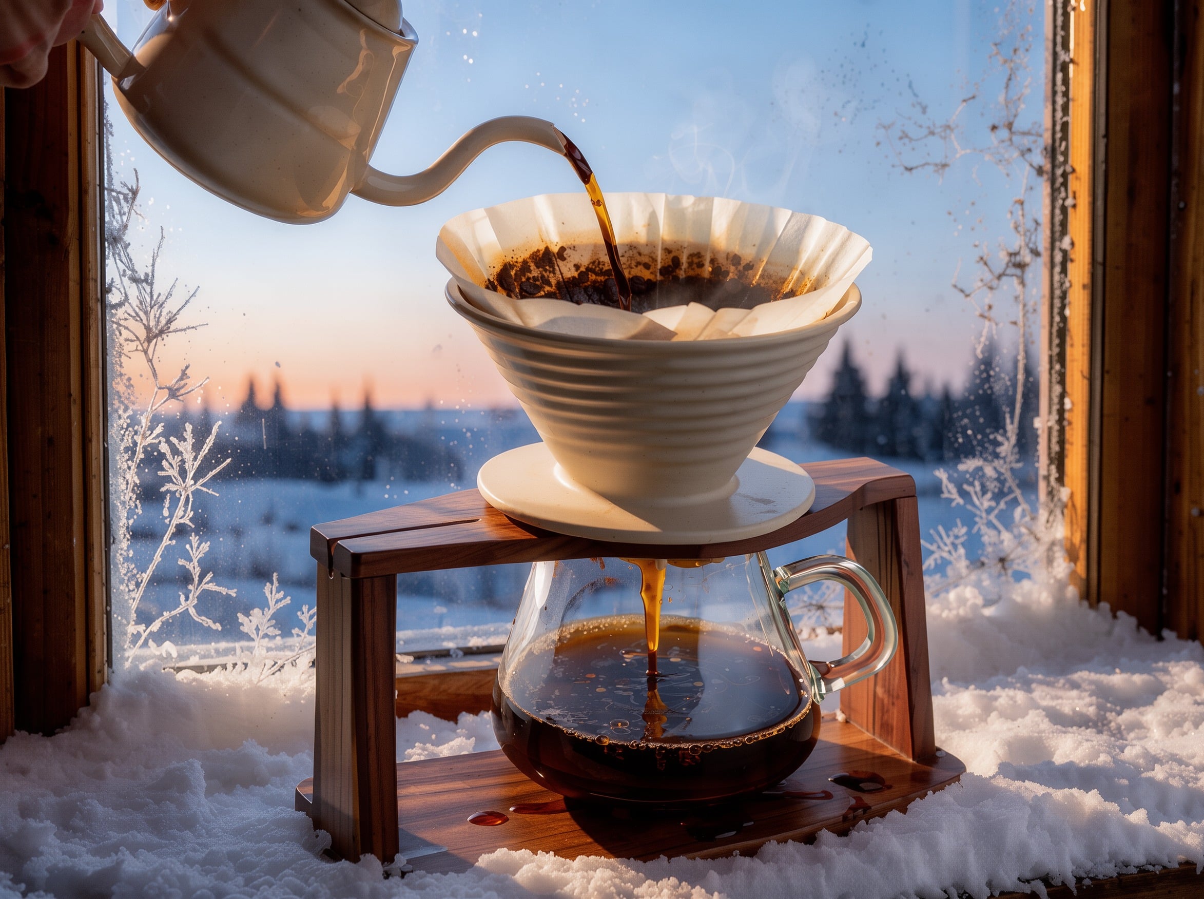 The same white ceramic coffee dripper and glass carafe from the product photo, now on a snowy cabin windowsill at dawn with frost on the window