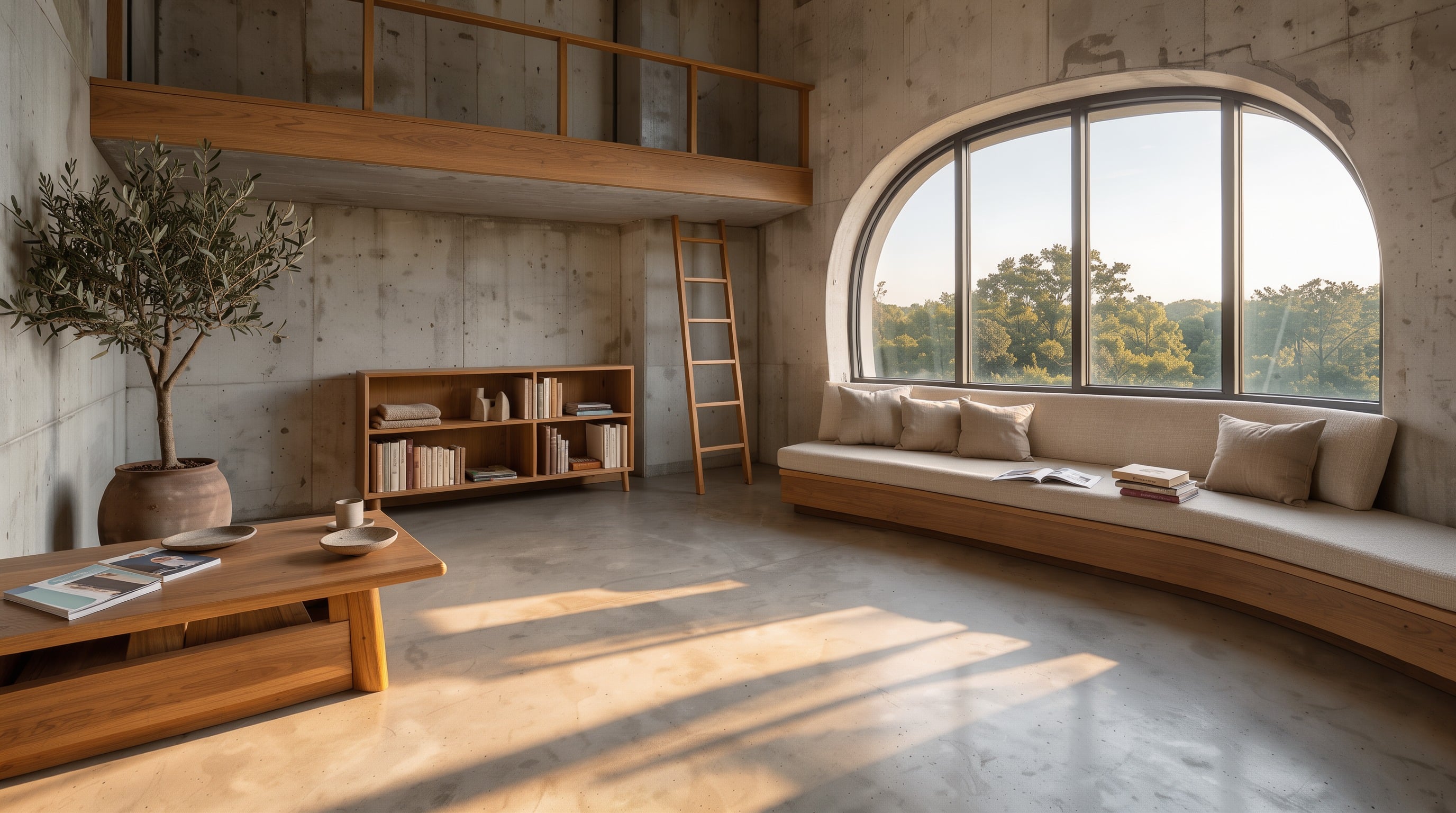 Wide photo of a concrete and oak reading loft with a curved window seat, bookshelves, a potted olive tree and late afternoon sun striping the floor