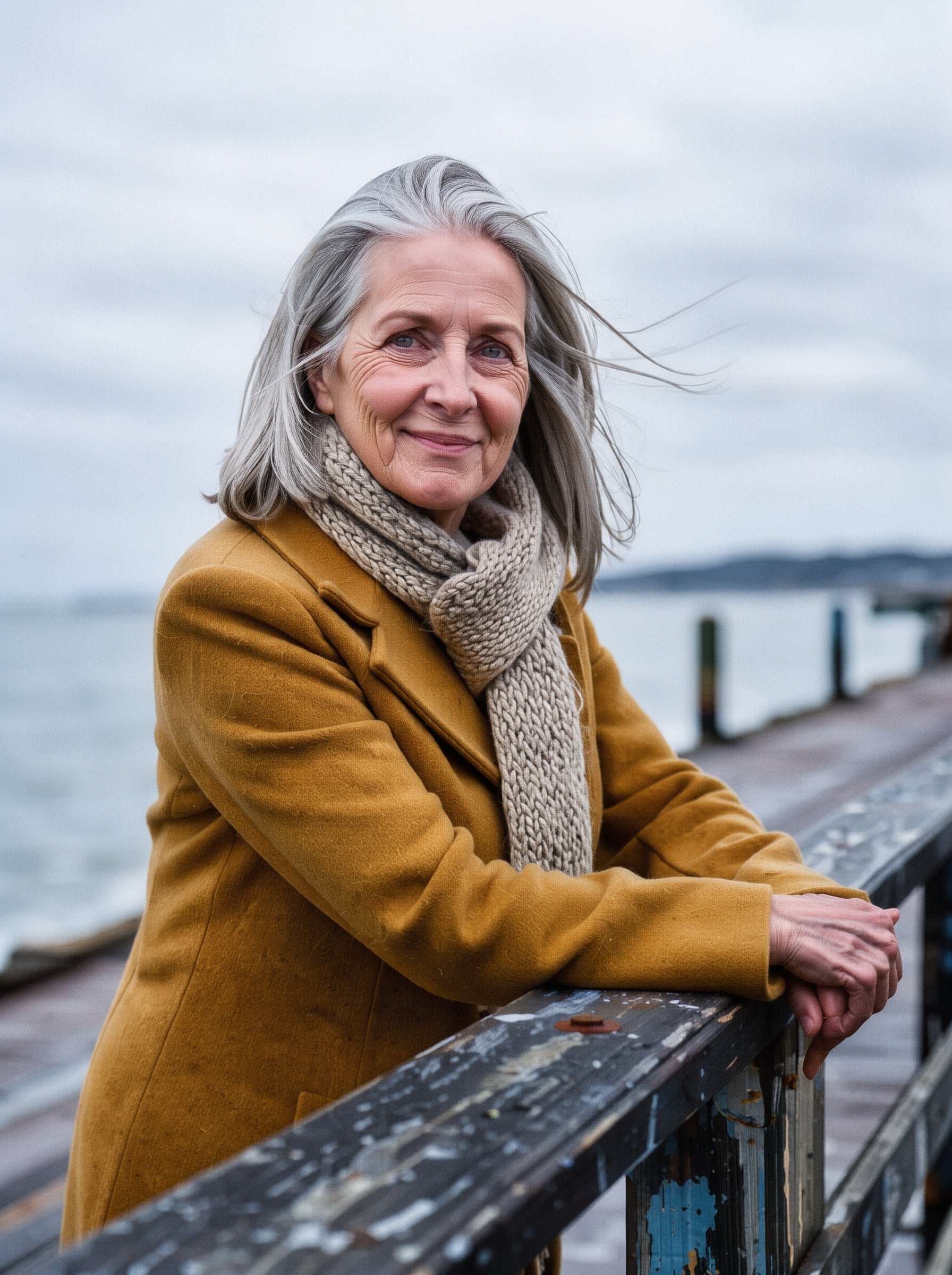 Editorial portrait of a silver-haired woman in a mustard wool coat and knitted scarf leaning on a weathered pier railing, the sea and soft overcast light behind her