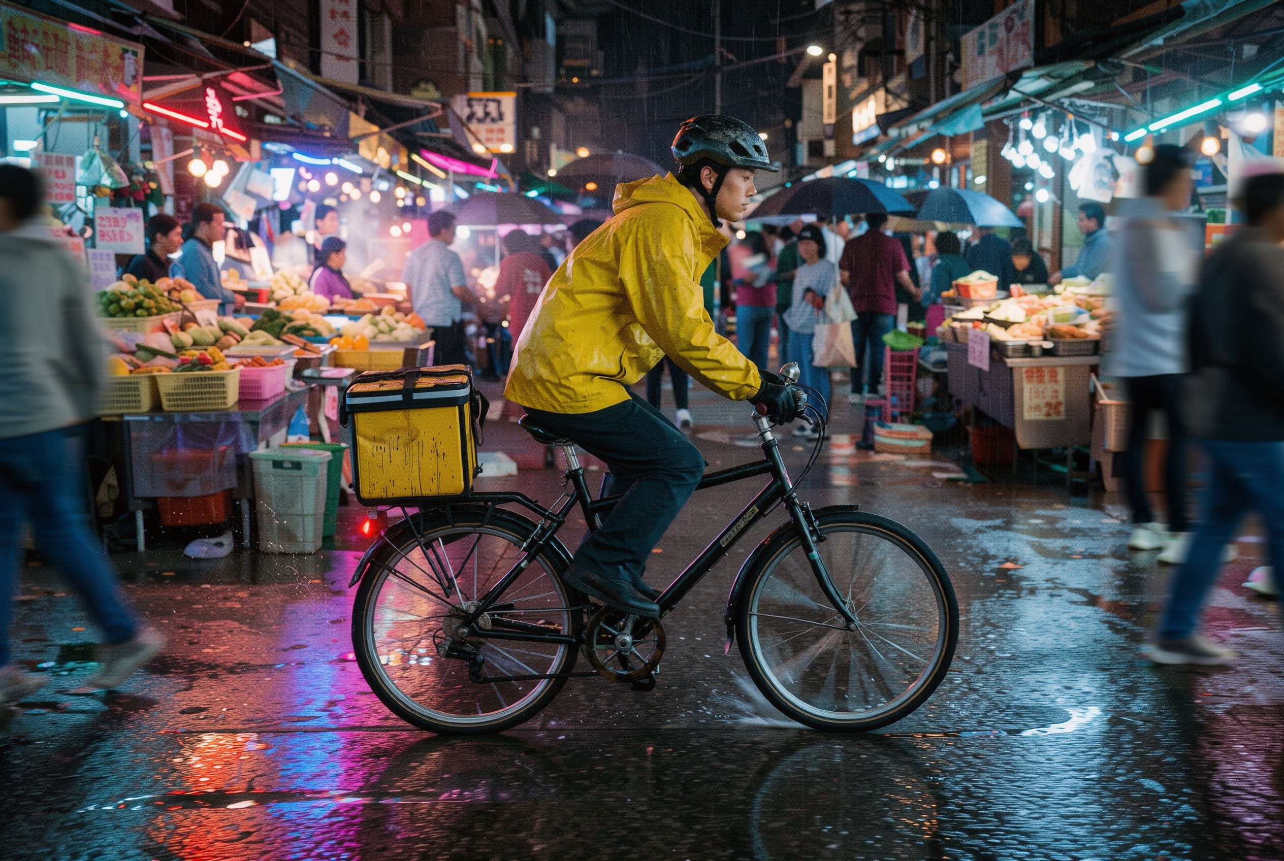 Candid night photo of a bicycle courier in a yellow rain jacket riding through a busy night market, neon reflections on wet asphalt and a blurred crowd