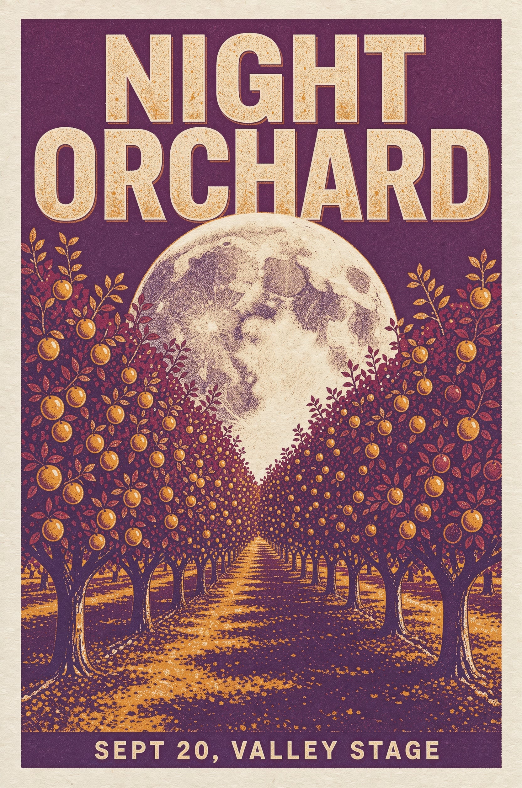 FLUX 3 Image festival poster titled NIGHT ORCHARD in cream letters above a detailed full moon and a long row of fruit trees, with SEPT 20, VALLEY STAGE along the bottom