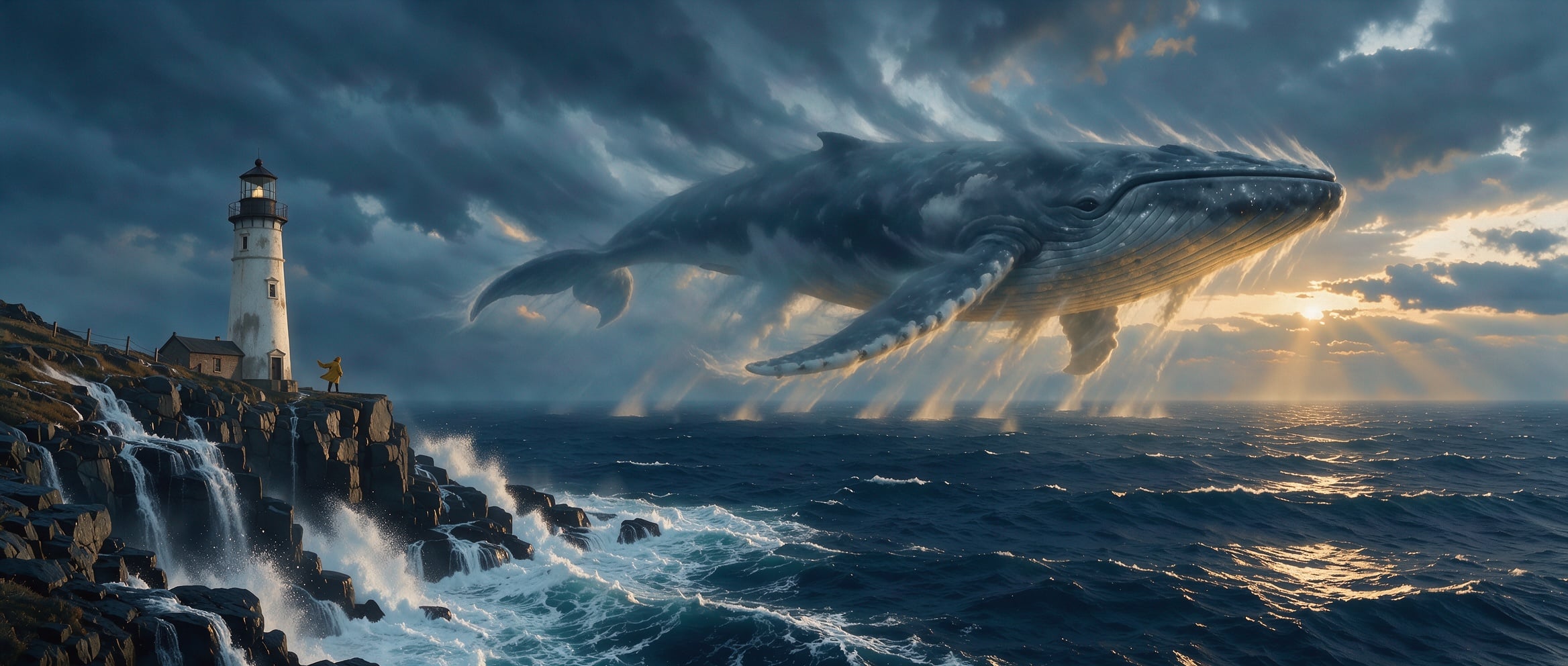 Concept art of a giant whale swimming through a storm sky above a dark ocean, gold sunset light breaking through the clouds beneath it, a white lighthouse and a tiny figure in a yellow coat on a black sea cliff with crashing surf