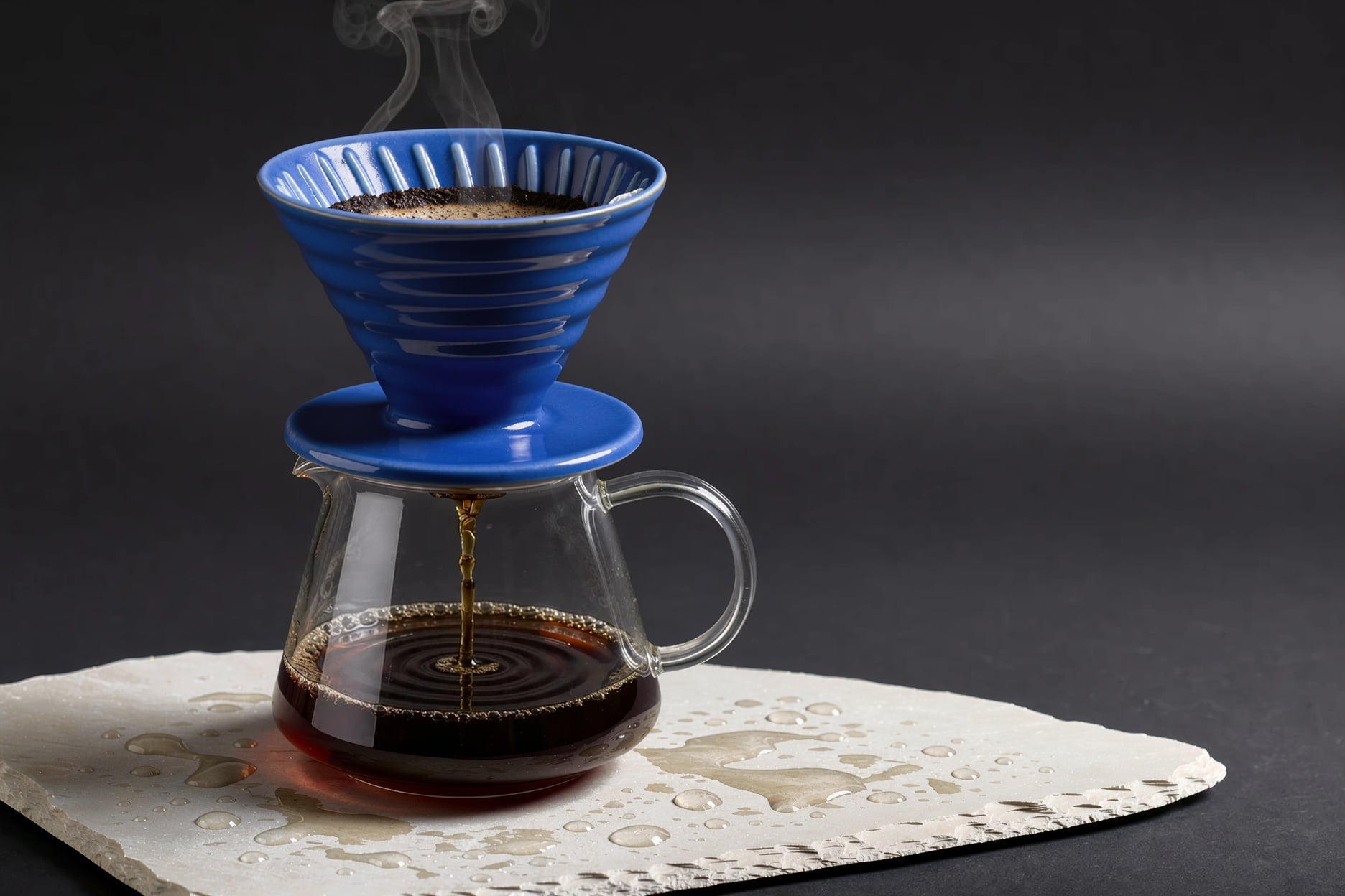 Edited version of the coffee dripper product shot: the dripper and saucer are now glossy cobalt blue and the slab is pale cream travertine, with the same carafe, coffee stream, steam, droplets and lighting