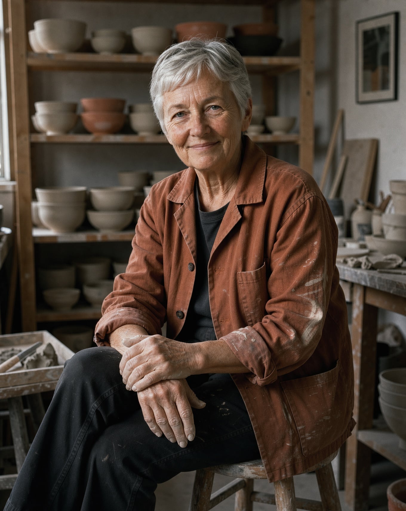 Editorial portrait of a ceramicist in her seventies with cropped silver hair and a rust linen work jacket, sitting on a stool with clay dusted hands folded on her knee, shelves of unglazed bowls behind her in soft window light