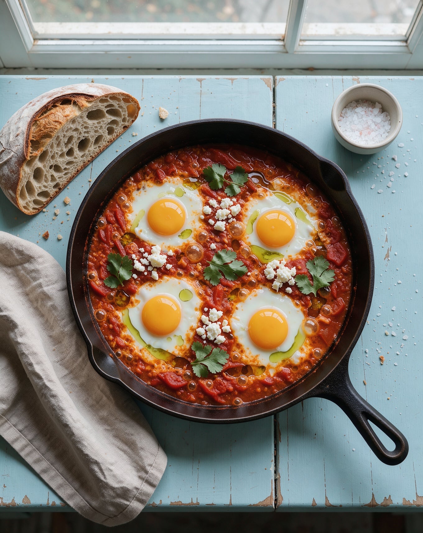 Overhead photo of a cast iron skillet of shakshuka with four glossy poached eggs, feta, cilantro and green olive oil, a torn sourdough loaf, a bowl of flaky salt and a linen napkin on a weathered pale blue table under a window