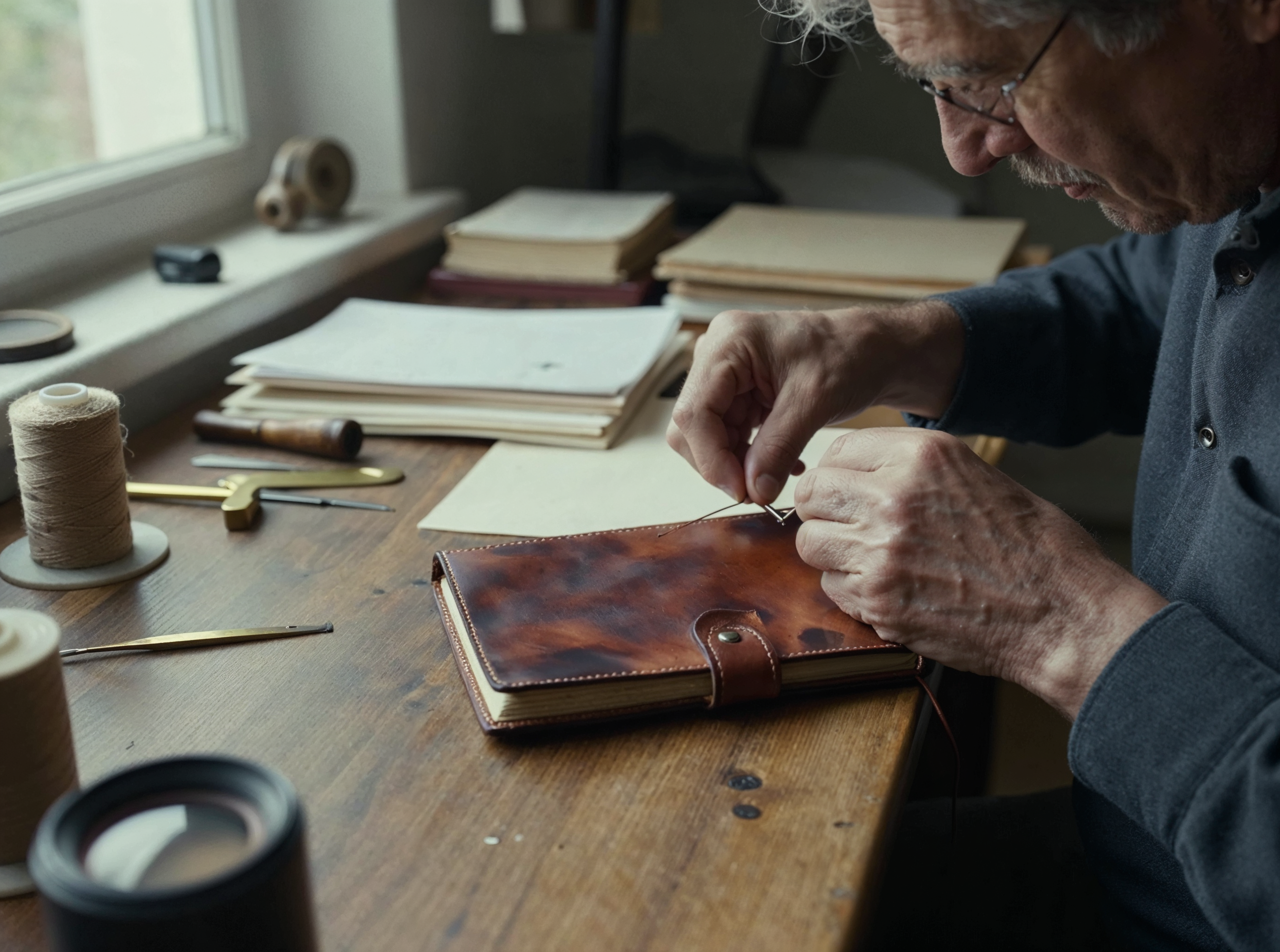 A close view of weathered hands stitching a marbled leather journal on a wooden bench, enlarged 2x