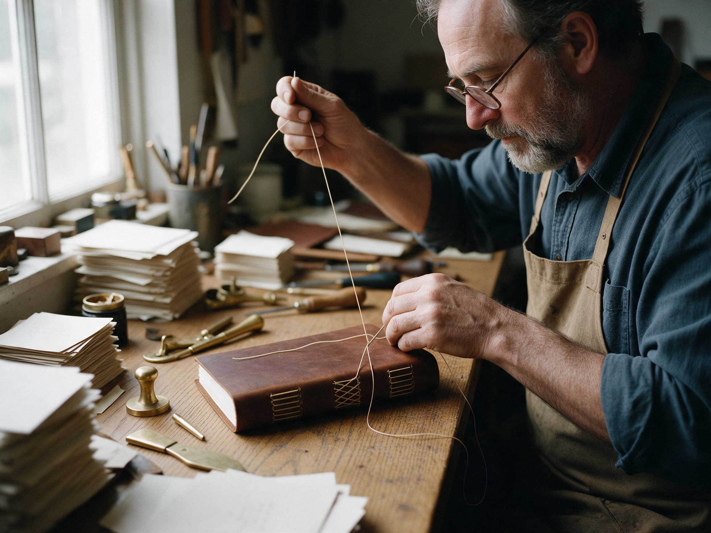 Seedream 5: the bookbinder in glasses pulls waxed thread through a leather journal beside the window