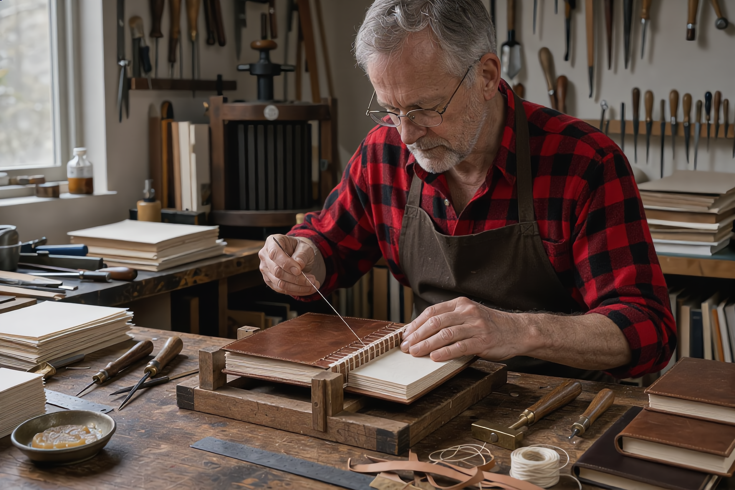 The same bookbinder at the same bench, now in a red and black buffalo check flannel shirt