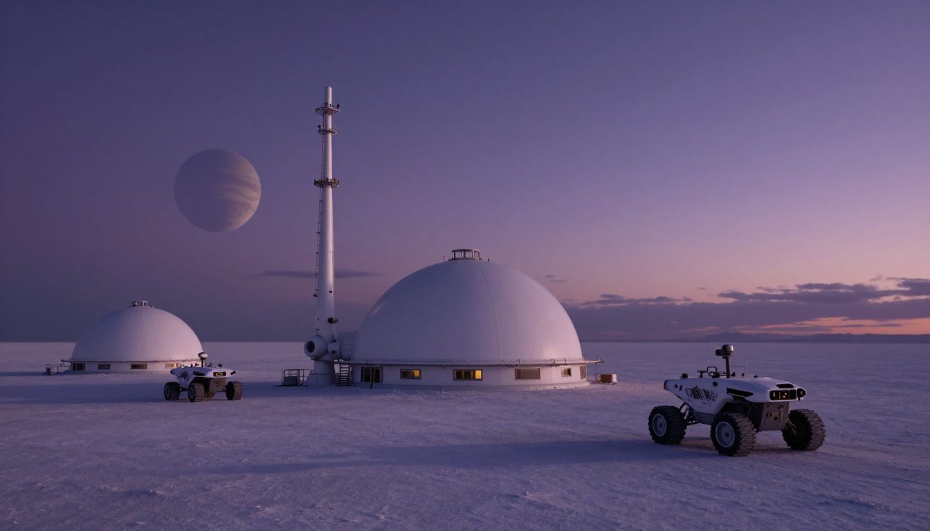 White domes and an antenna mast on a violet salt flat at dusk with two rovers and a pale planet low in the sky