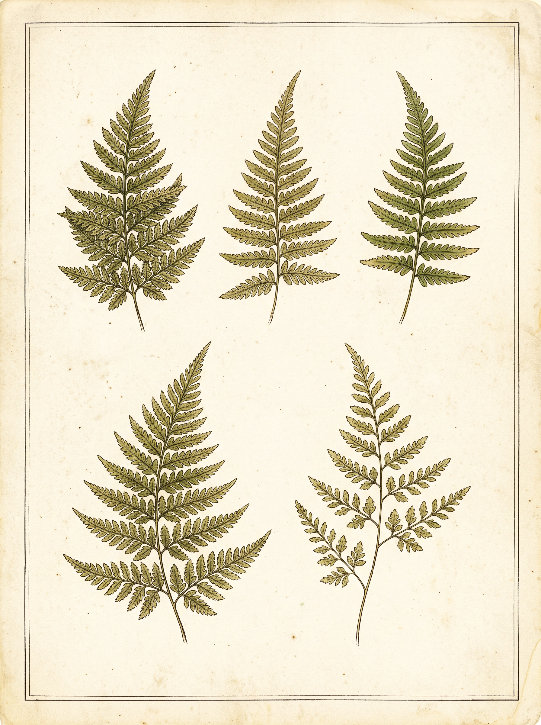 Five green fern fronds in ink and watercolor on aged cream paper inside a thin ruled border