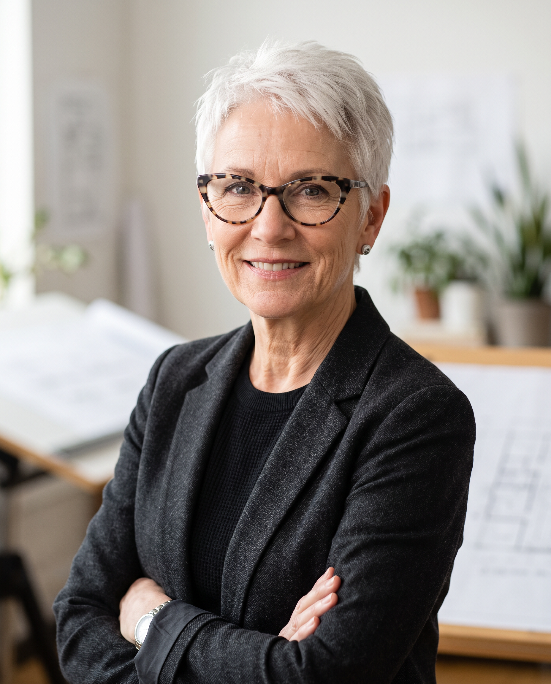 A smiling architect in her fifties with cropped white hair and tortoiseshell glasses, arms crossed in a bright studio