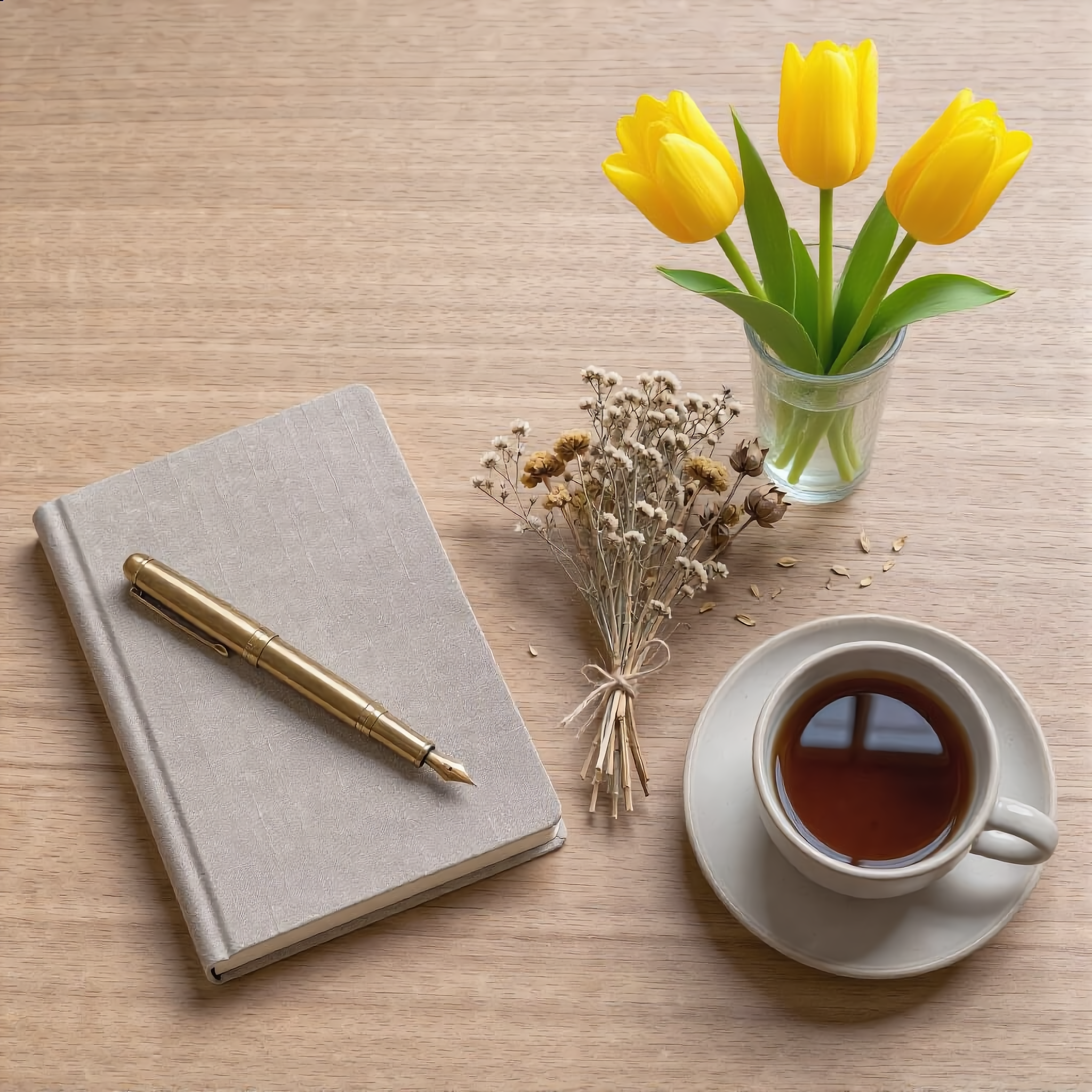 The FLUX flat lay with a small glass of yellow tulips added beside the dried flowers