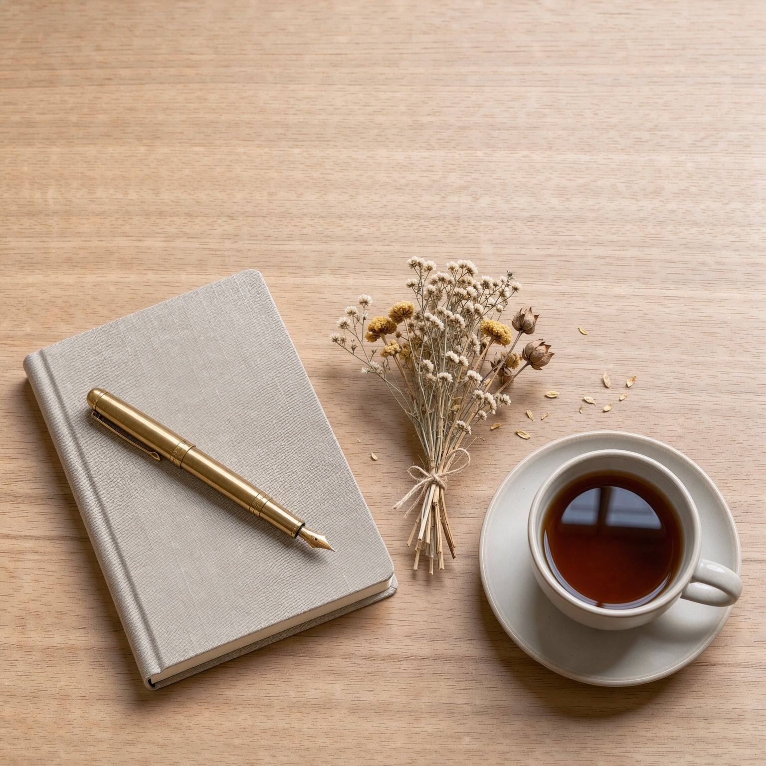 FLUX 3 Image: a grey notebook with the pen on top, a tied bunch of dried flowers and a cup on a saucer