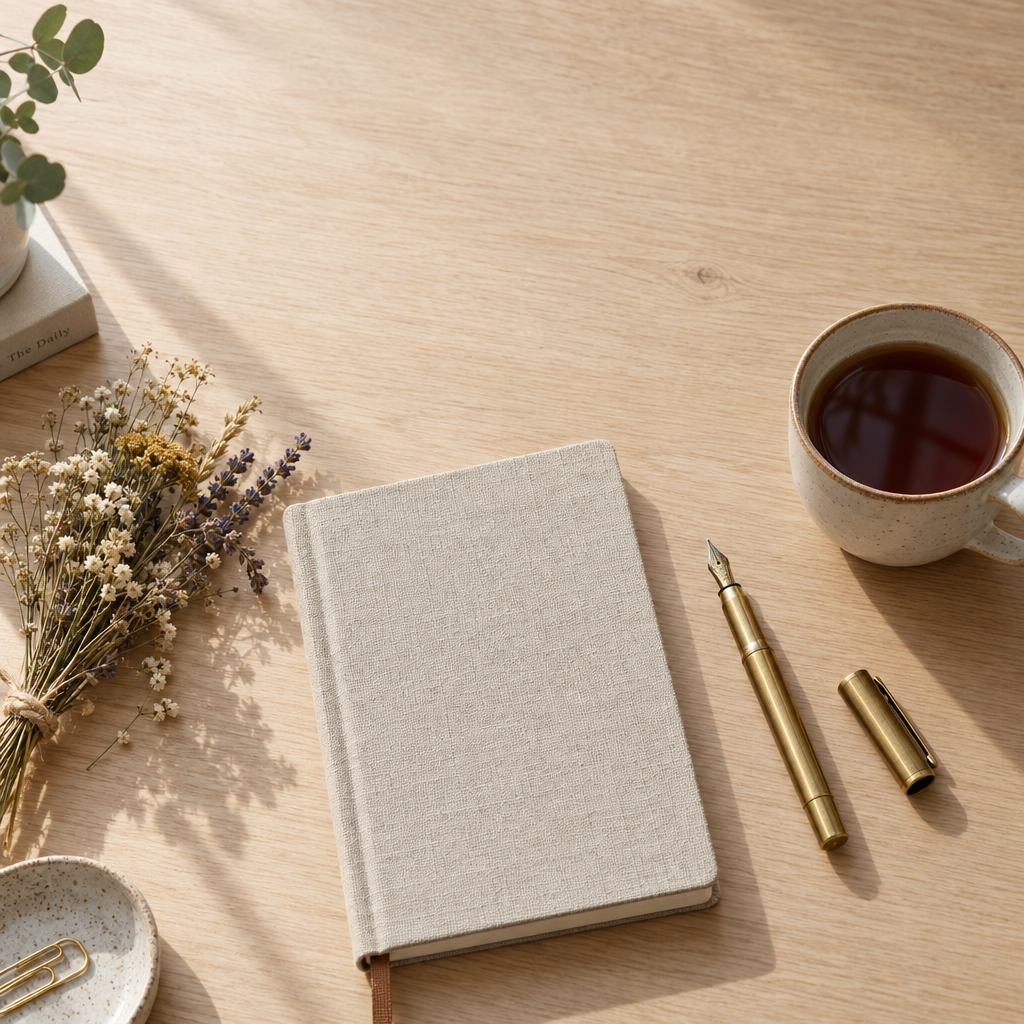 A linen notebook, a brass fountain pen with its cap off, dried flowers and a cup of tea on a pale oak desk in soft window light