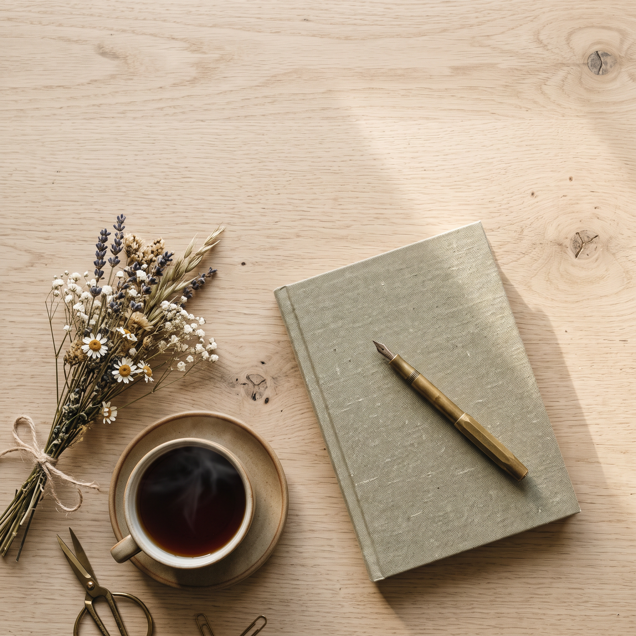 Nano Banana 2.1: a sage notebook, a saucer of tea, a tied bouquet and small scissors on pale oak