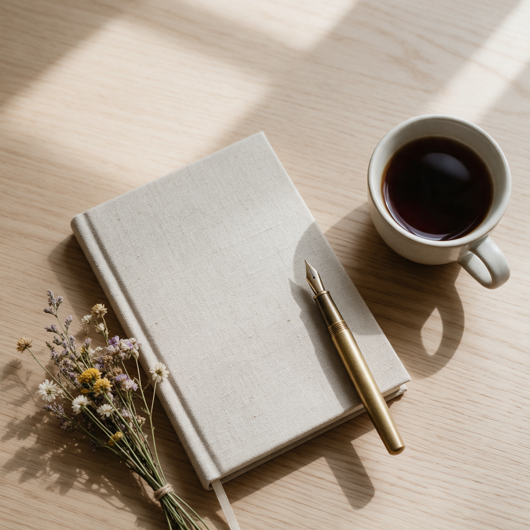 Seedream 5: the notebook and pen beside a tea cup, with long window shadows across the desk