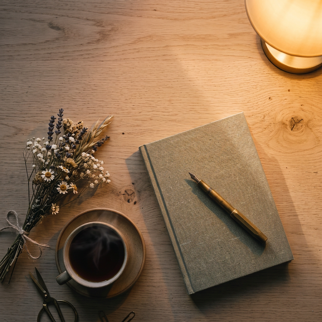 The Nano Banana flat lay relit by a warm desk lamp glowing in the upper right corner