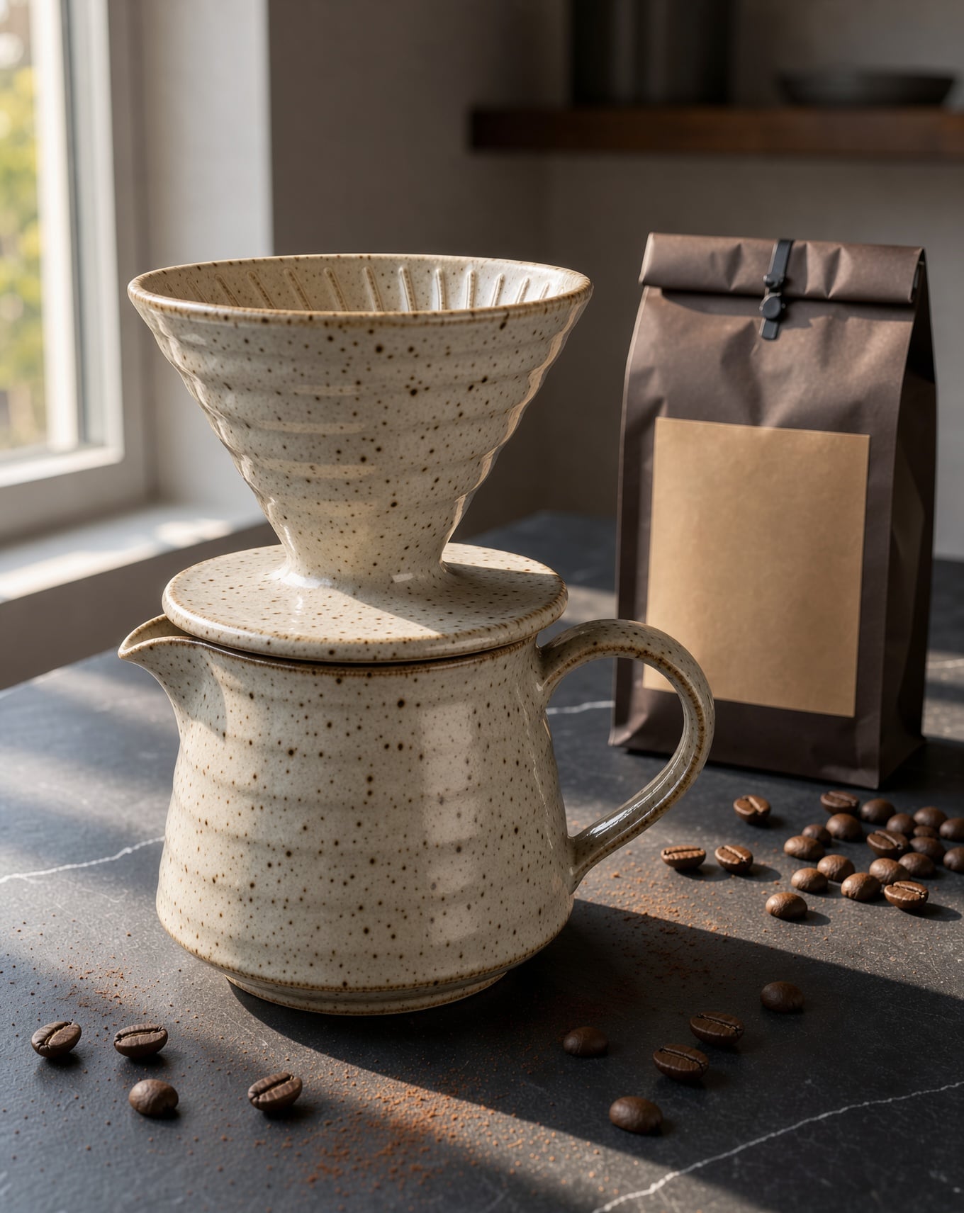 A speckled ceramic pour over set and a coffee bag with a blank kraft label on a slate counter in side light