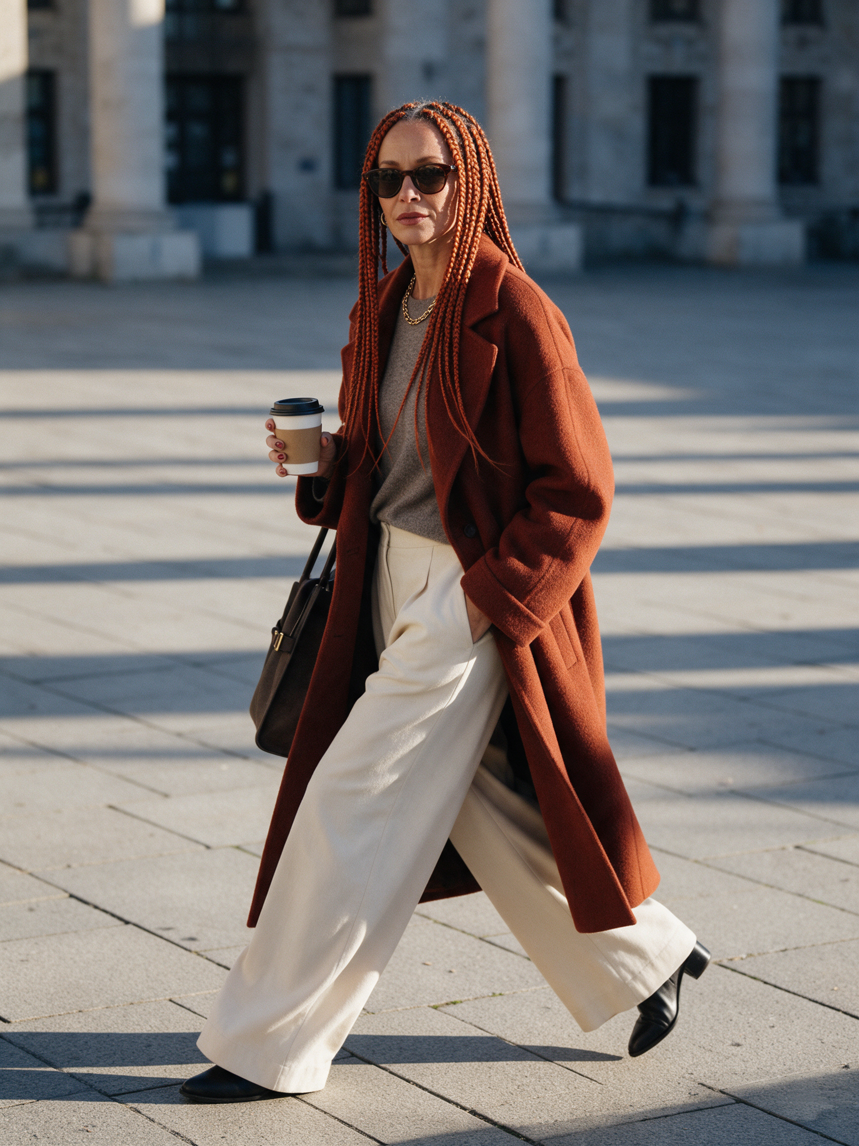 A stylist in her forties with copper box braids and a rust coat crosses a sunlit stone plaza with a coffee