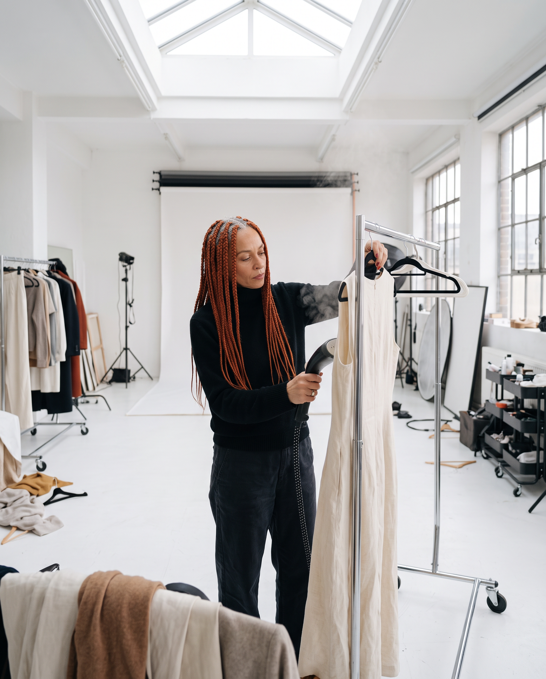 The same stylist with copper braids steams a cream linen dress on a rack in a white photo studio