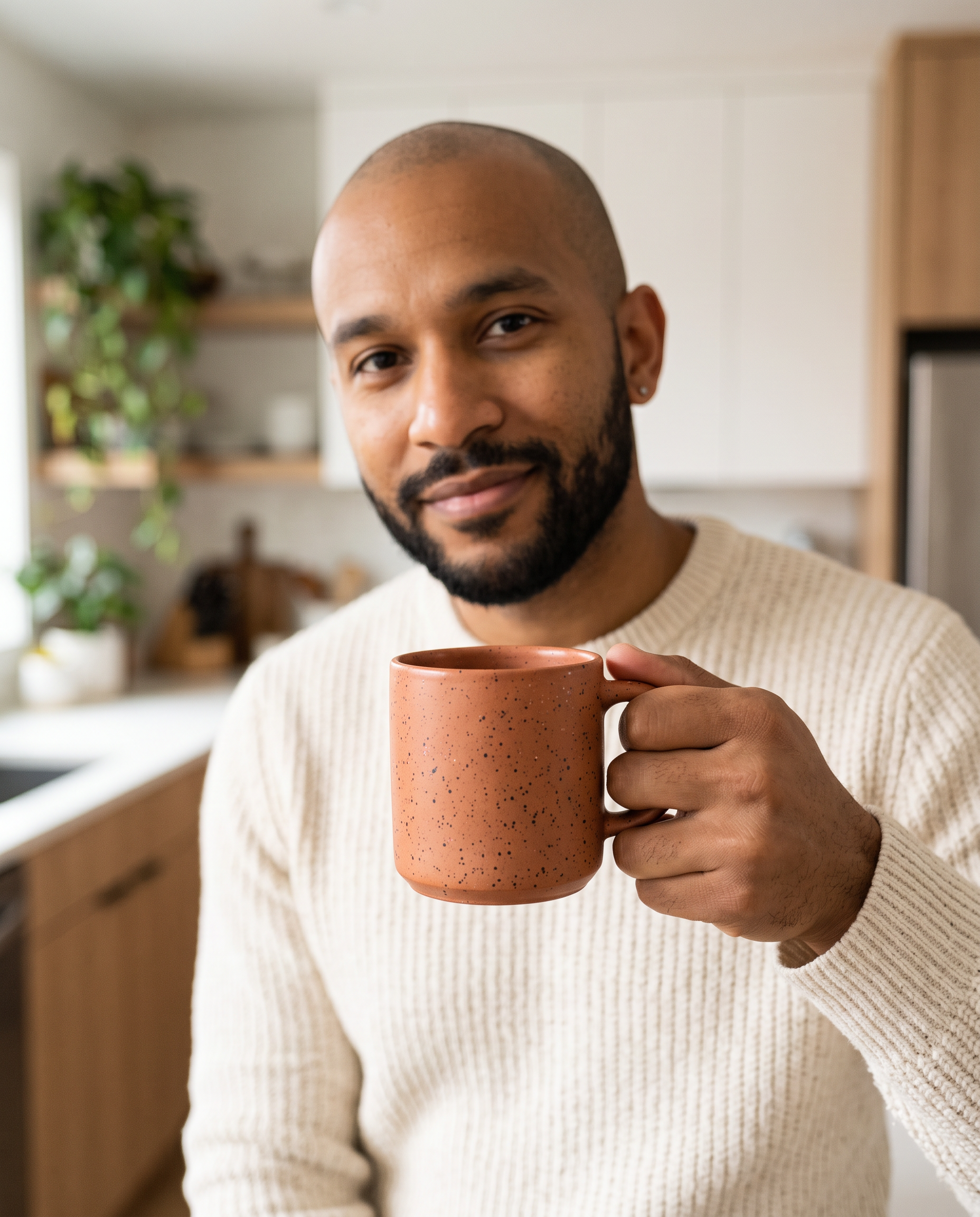 Scene three: the same man in a cream sweater holds up a speckled terracotta mug in a bright kitchen