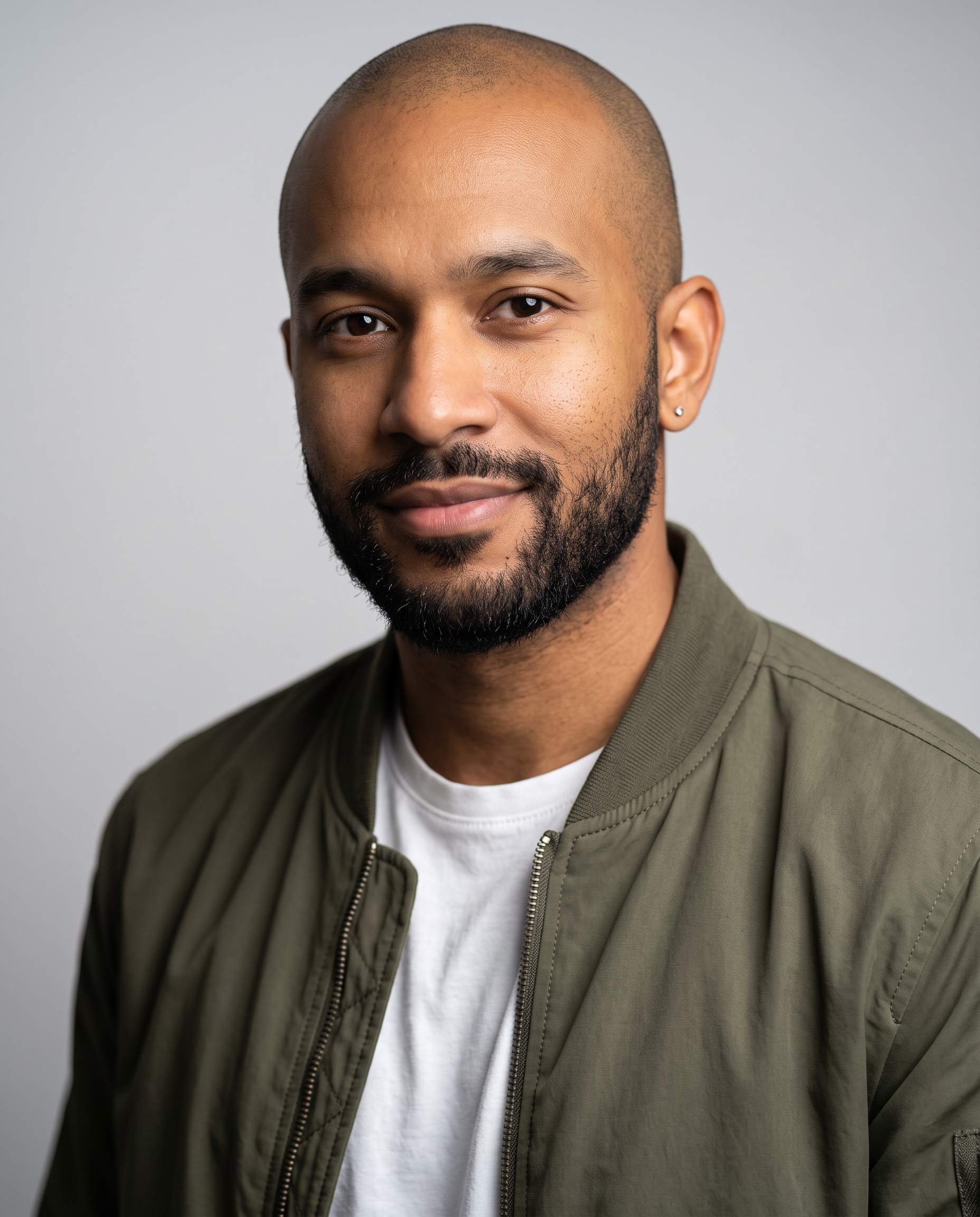 The reference: a man in his thirties with a shaved head, black beard, silver stud earring and olive bomber jacket
