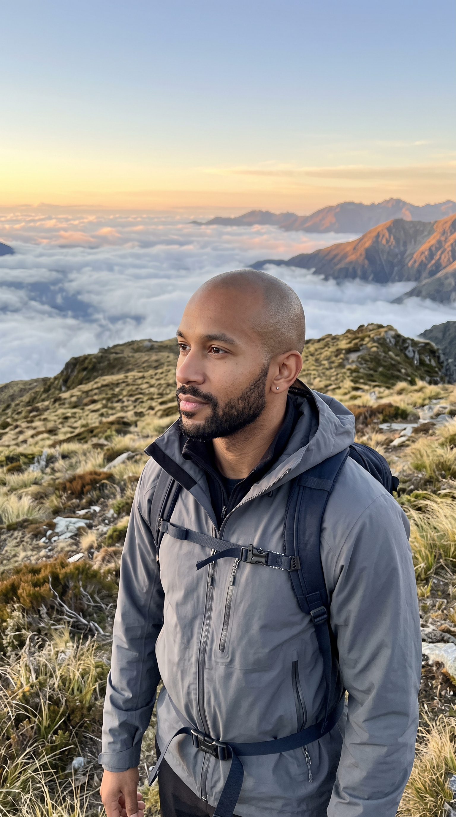Scene two: the same man in a grey hiking shell stands on a ridge above a valley of low clouds