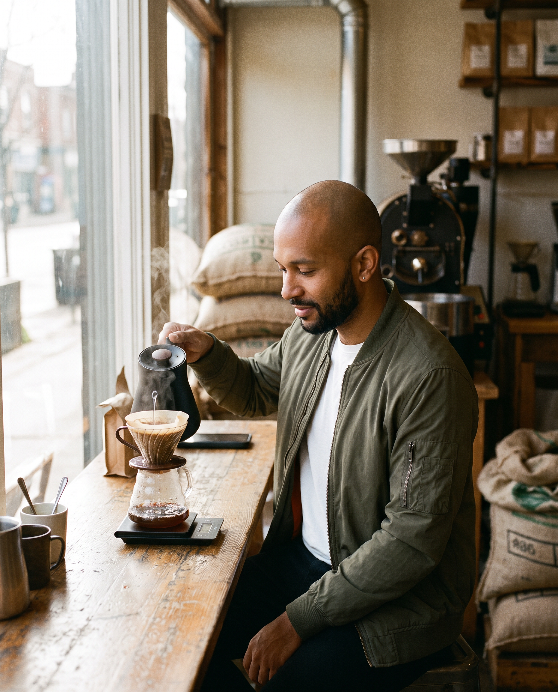 Scene one: the same man pours water into a pour over dripper at a sunny coffee roastery window