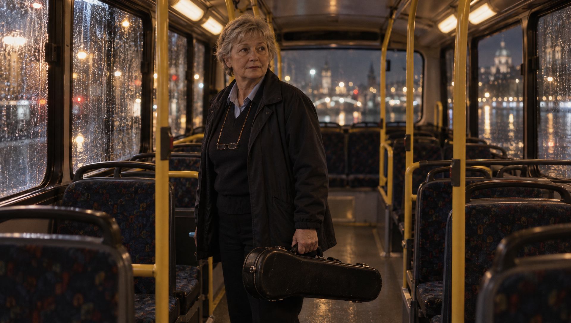 Step 1, GPT Image 2.5: a grey haired bus driver in glasses on a chain stands in an empty bus at night holding a violin case