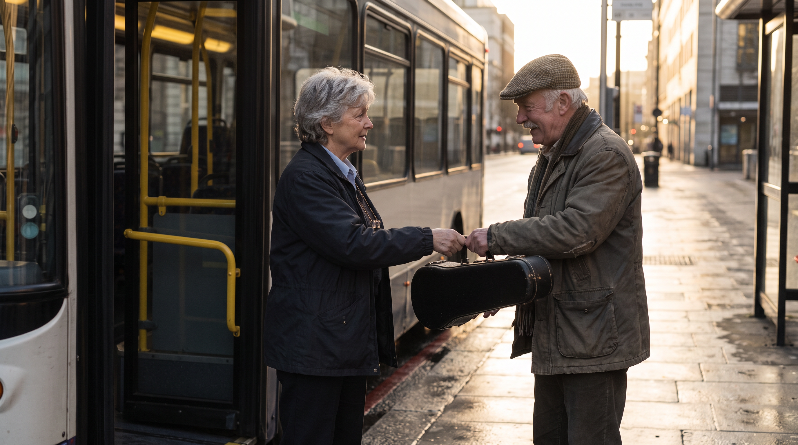 Step 3, Nano Banana 2.1: the same driver hands the violin case to a man in a flat cap beside a white bus in the morning