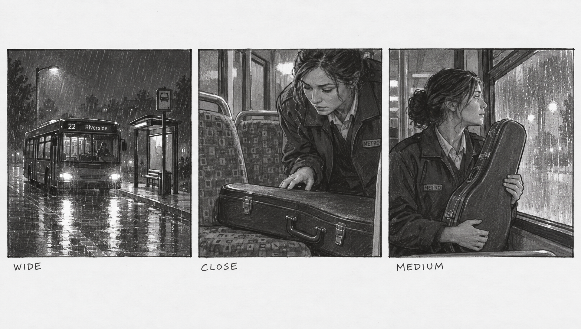 A pencil storyboard sheet with three panels labeled WIDE, CLOSE and MEDIUM showing a bus in the rain and a driver with a violin case