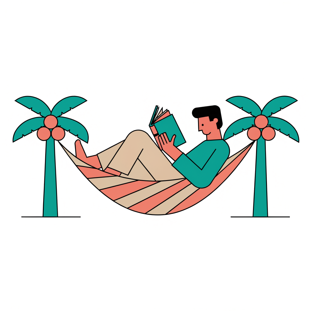 A flat vector illustration of a man reading in a striped hammock between two palm trees in teal, coral and sand
