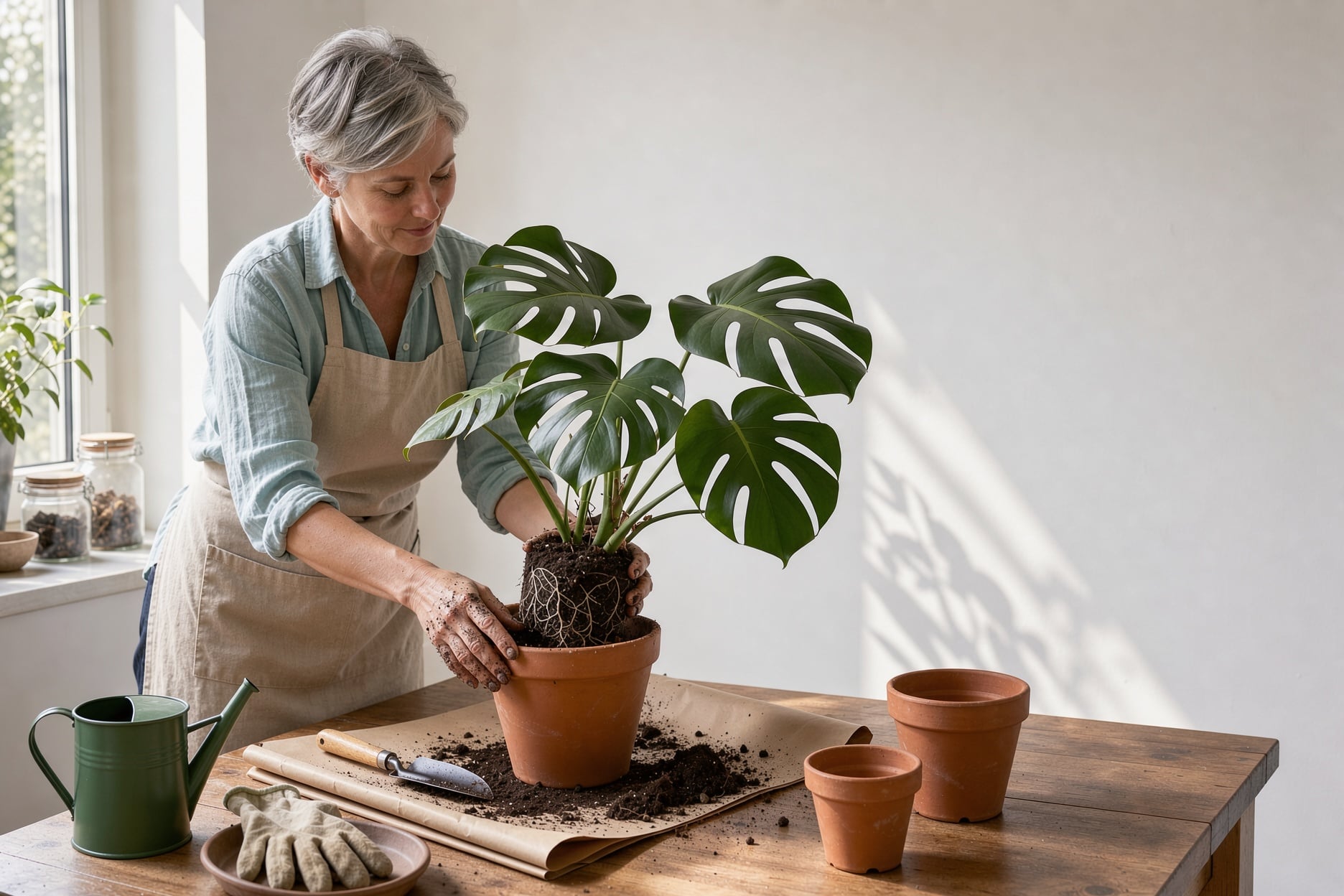 A woman with short grey hair repots a monstera into a terracotta pot at a sunlit wooden table against a white wall