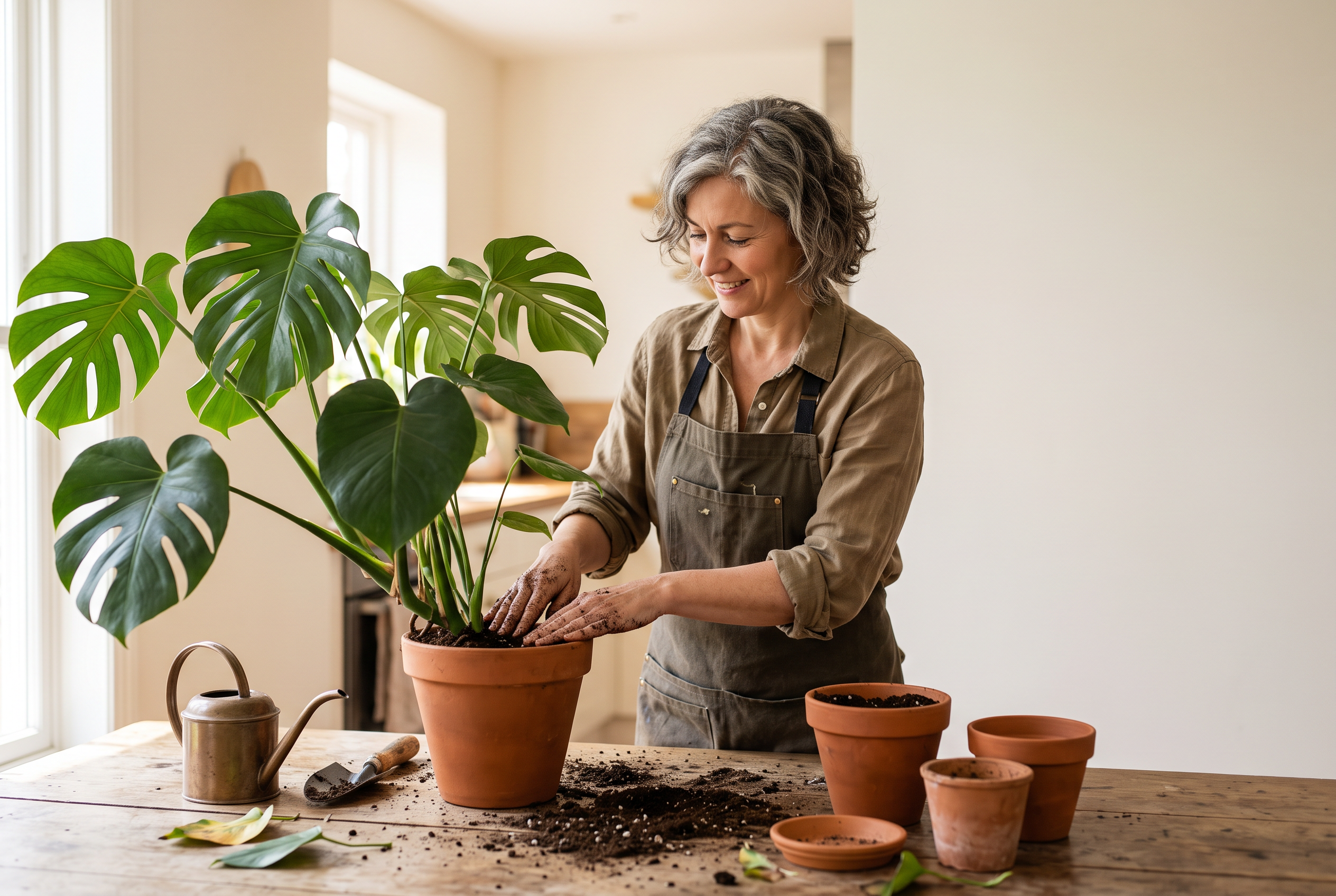 Nano Banana 2.1: a warm kitchen with curly grey hair, a canvas apron and a row of pots along the table