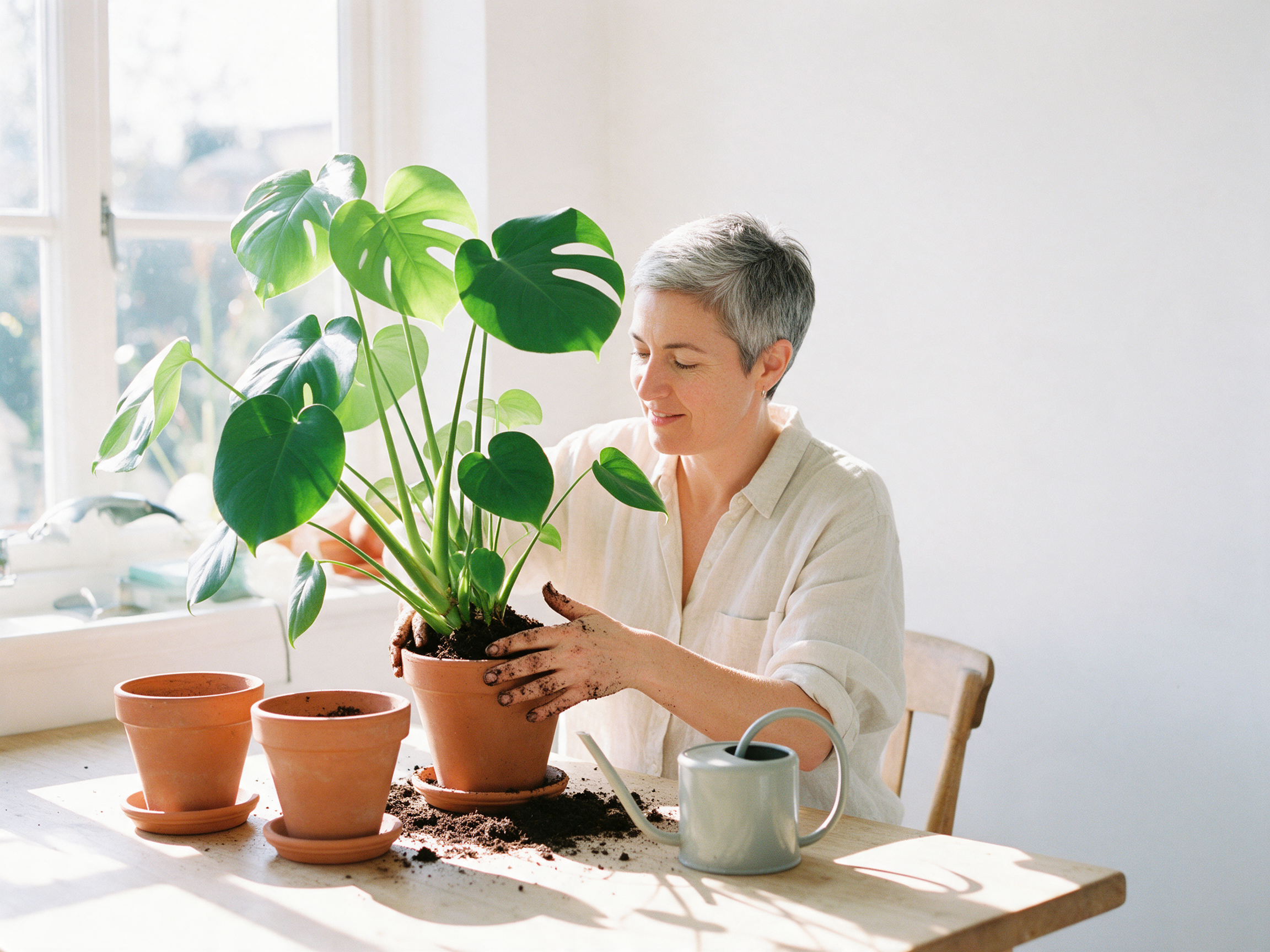 Seedream 5: a bright white room, the woman in a linen shirt pressing soil into the pot