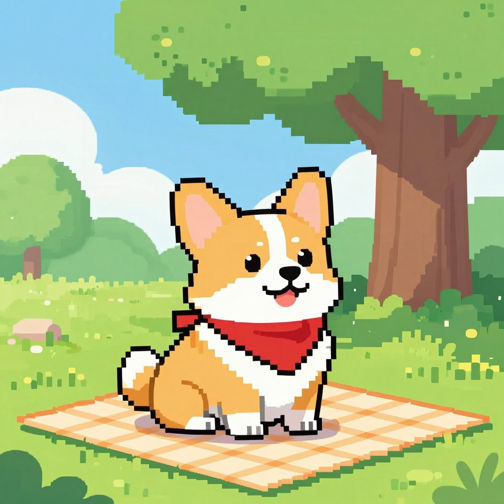 Pixel art of a corgi in a red bandana sitting on a picnic blanket under a leafy tree