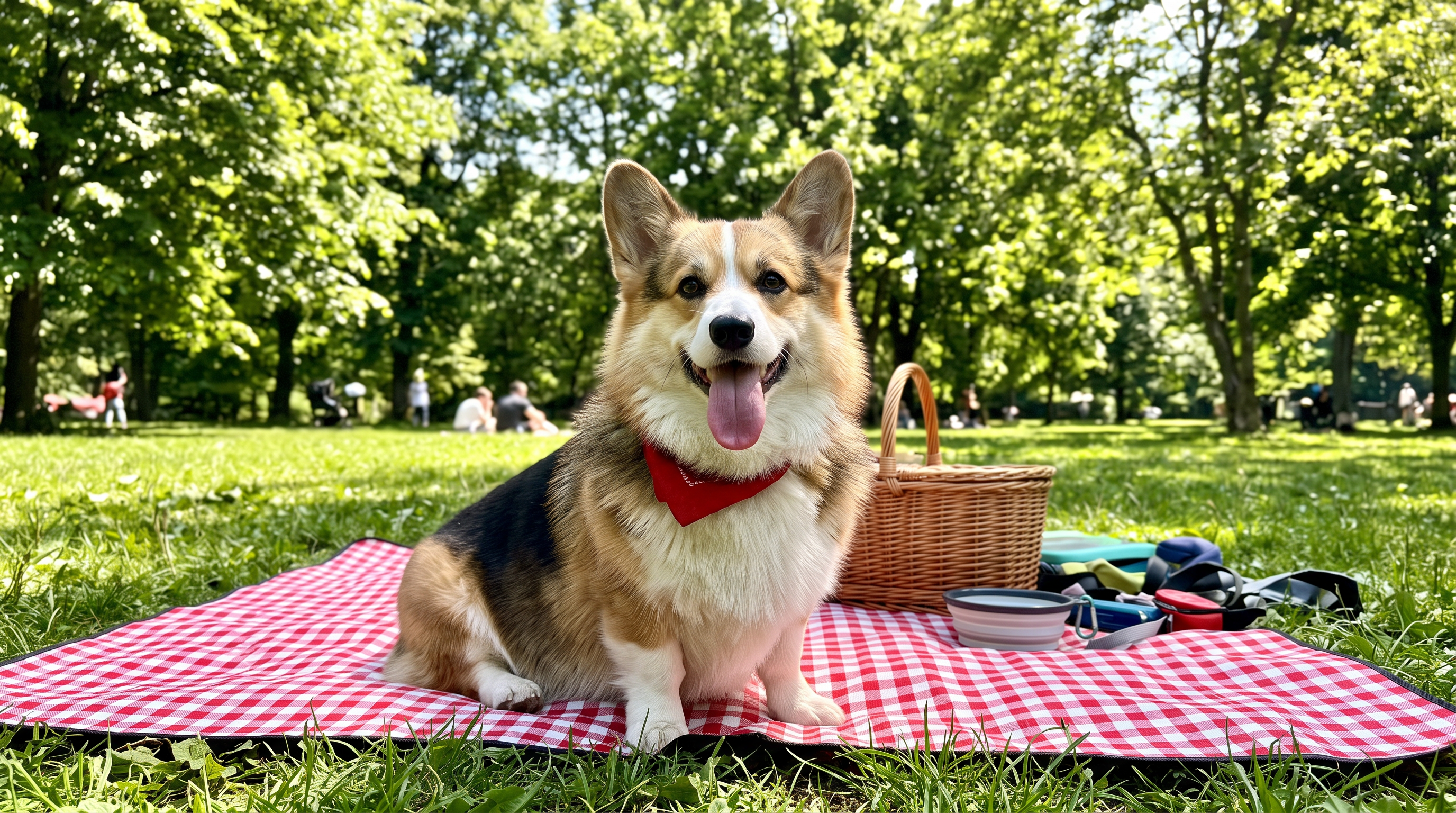 The starting photo: a corgi in a red bandana sits on a checked picnic blanket beside a basket in a sunny park