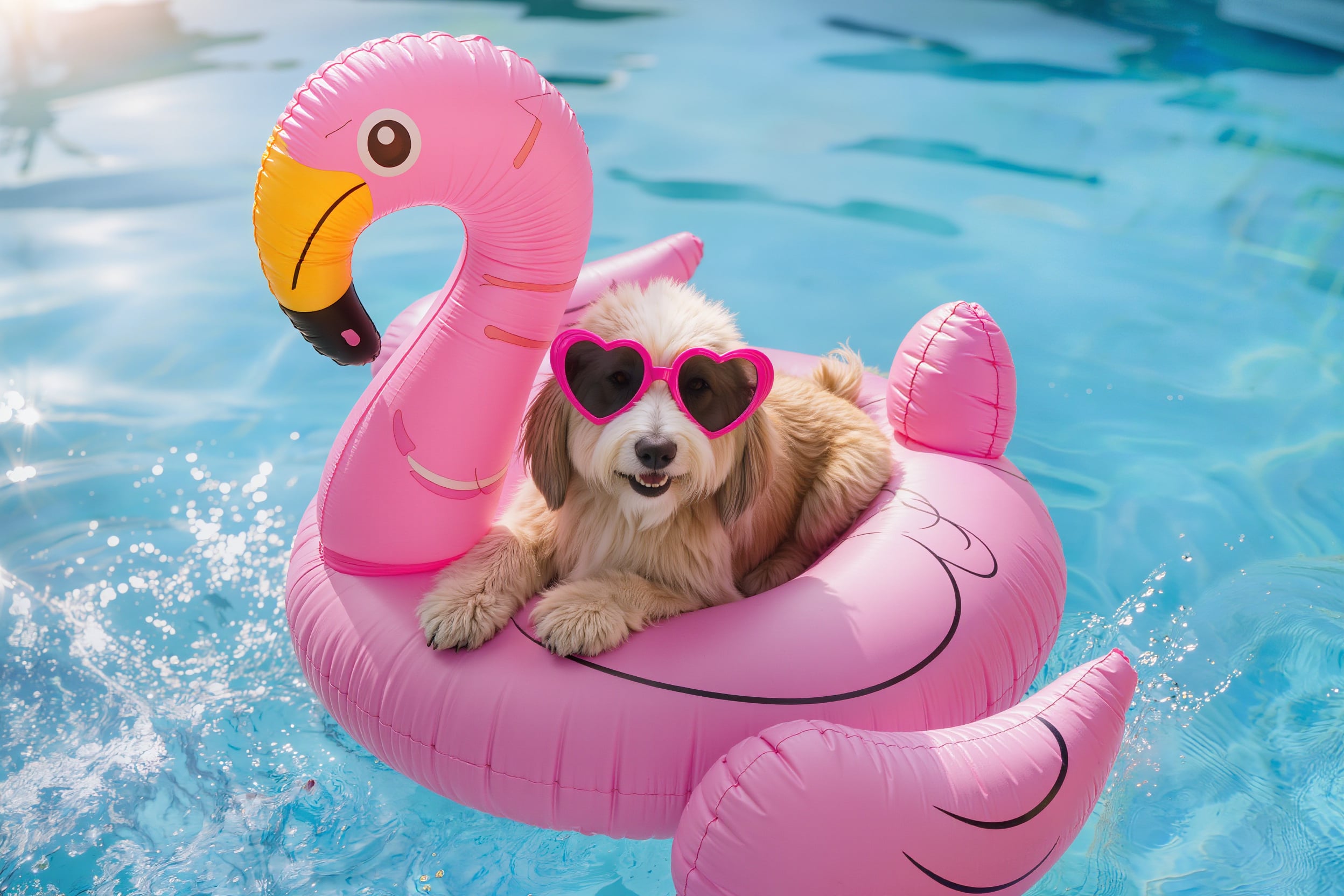 A shaggy dog in heart shaped sunglasses lounges on a pink flamingo pool float in a bright blue pool
