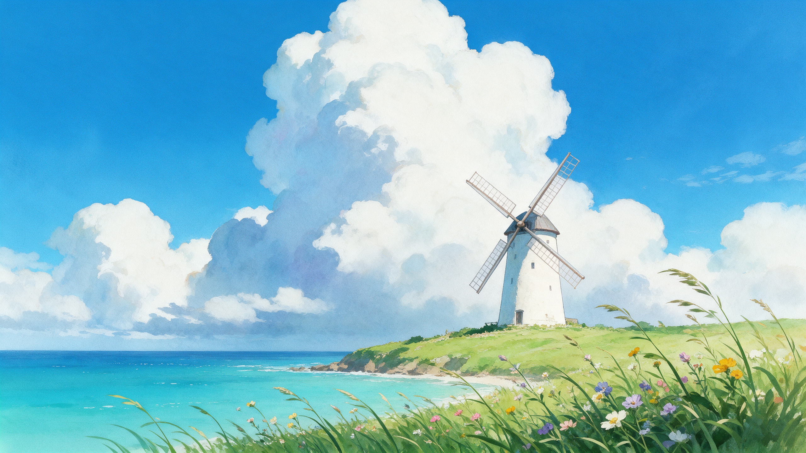 A hand painted anime landscape of a white windmill on a grassy headland above a turquoise sea under summer clouds