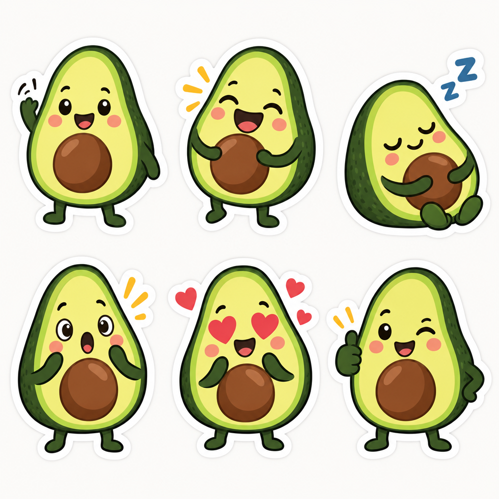 Six cartoon avocado sticker emojis with white borders: waving, laughing, sleeping, surprised, heart eyes and a thumbs up