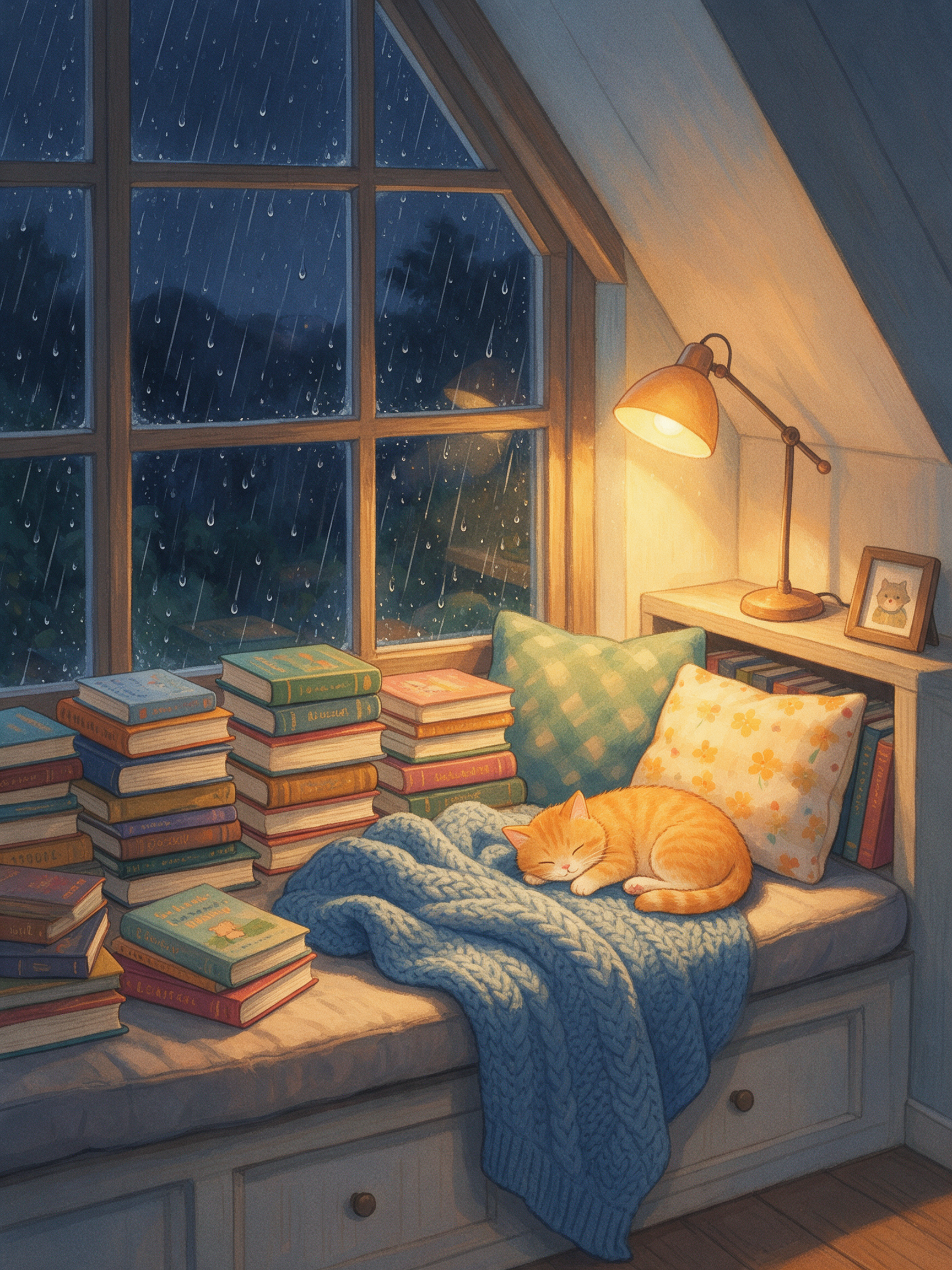 An attic window seat on a rainy night with stacks of books, a knitted blanket, a sleeping orange cat and a desk lamp