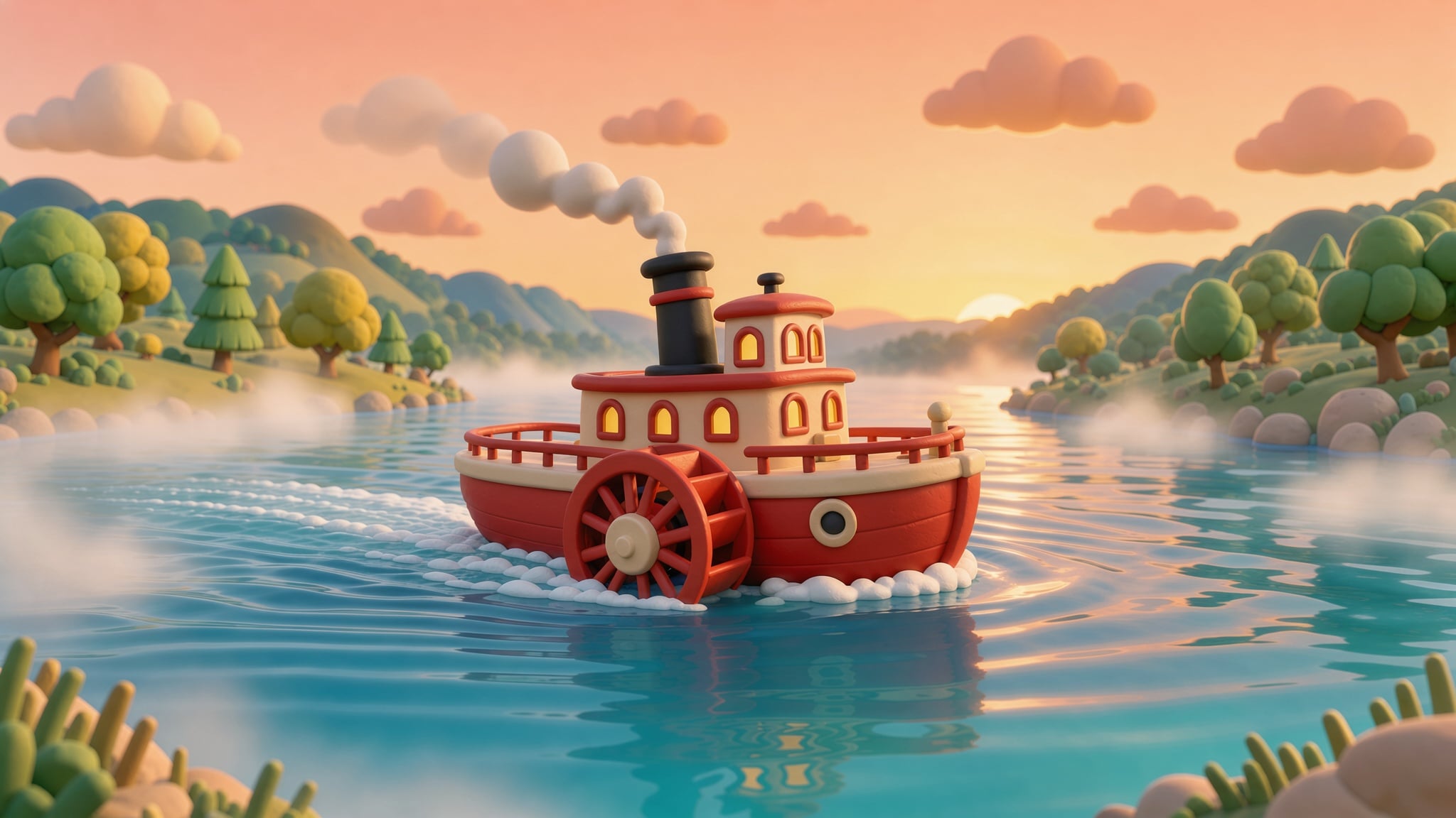 3D cartoon: a chunky toy steamer with puffy smoke on turquoise water between round trees