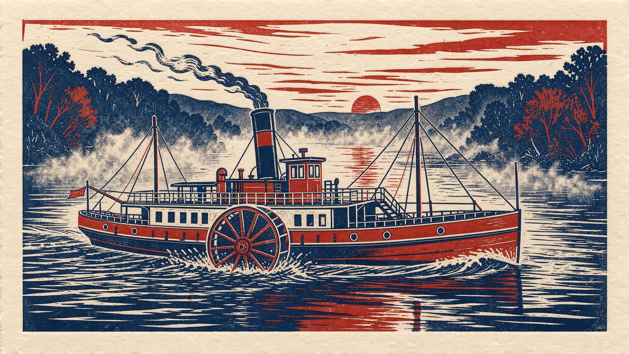A three color linocut print of a red paddle steamer on a river at sunrise, carved navy waves and a red sun over the hills