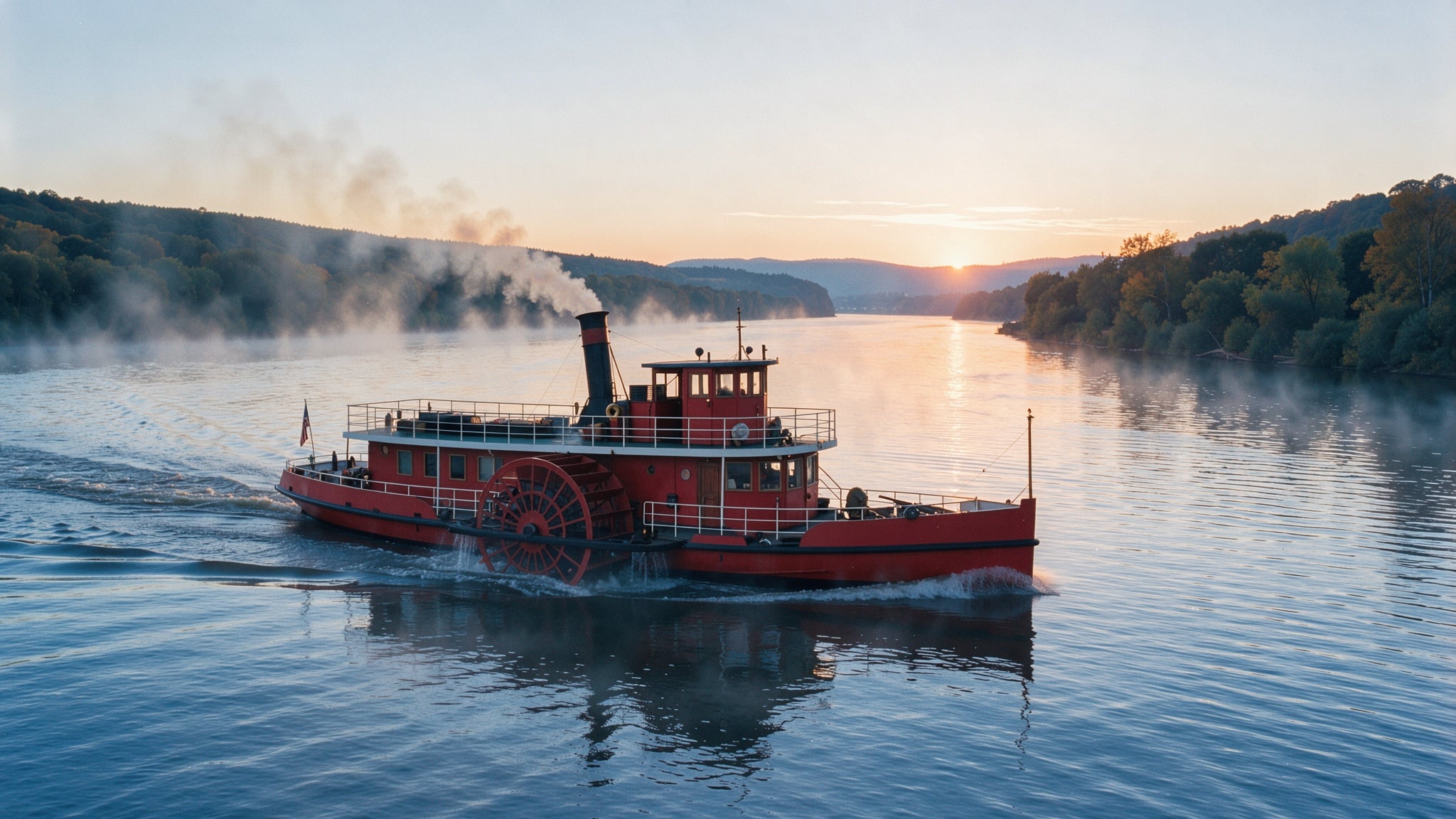 35mm film photo: the red paddle steamer on a calm river with mist and wooded banks at sunrise