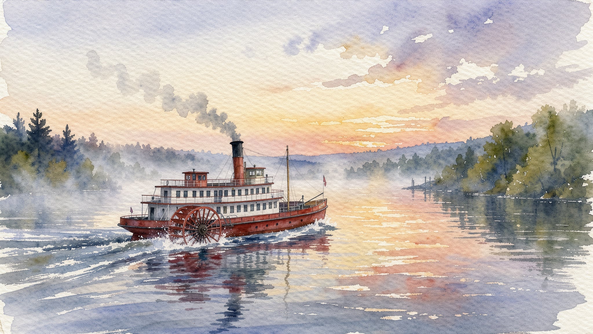 Watercolor: the steamer in soft washes with a pastel sky and visible paper texture